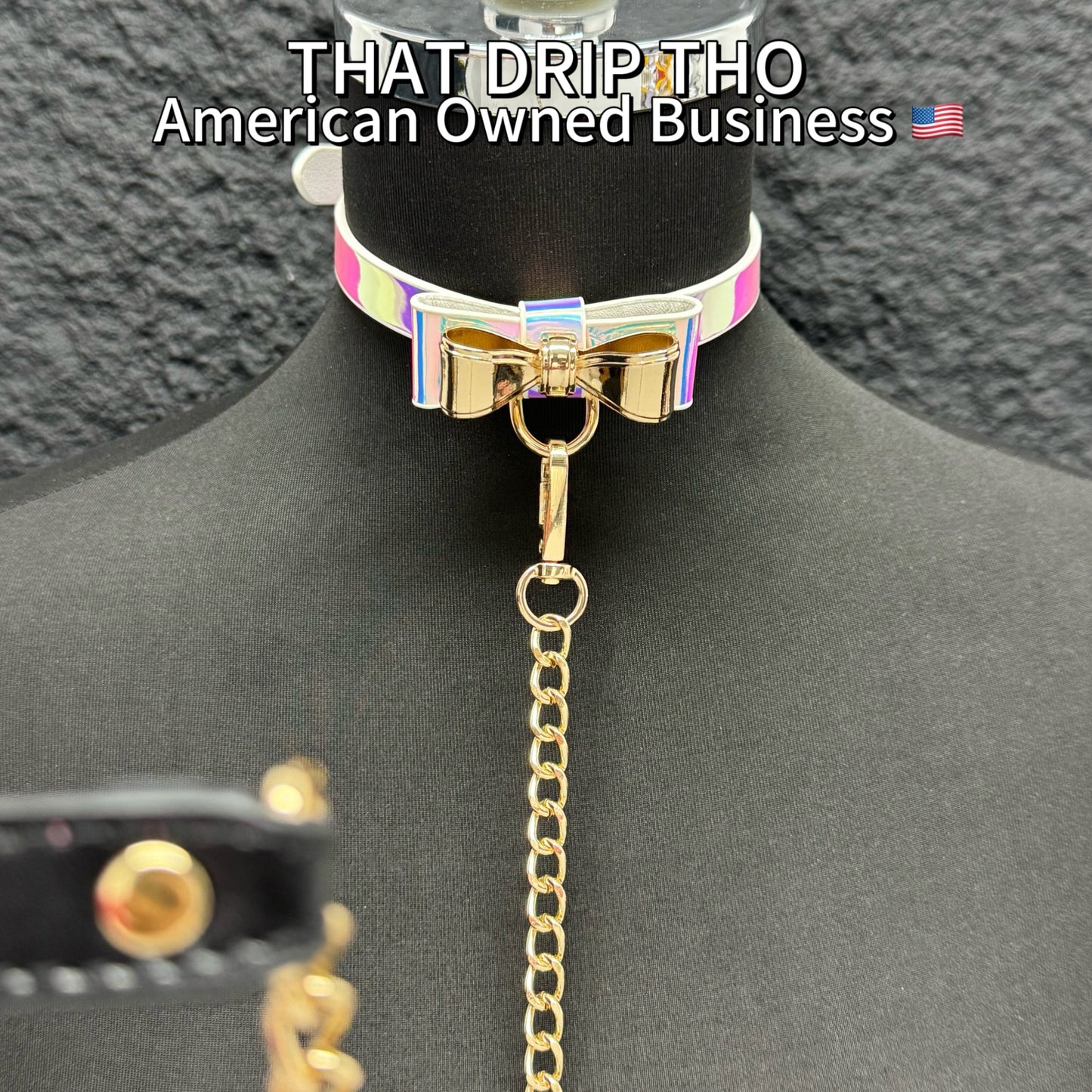 Luxe Chain ( [First Crush] White/Prismatic Leather with Gold Color Metal Bow Tie Choker Necklace) with Leather Chain Leash