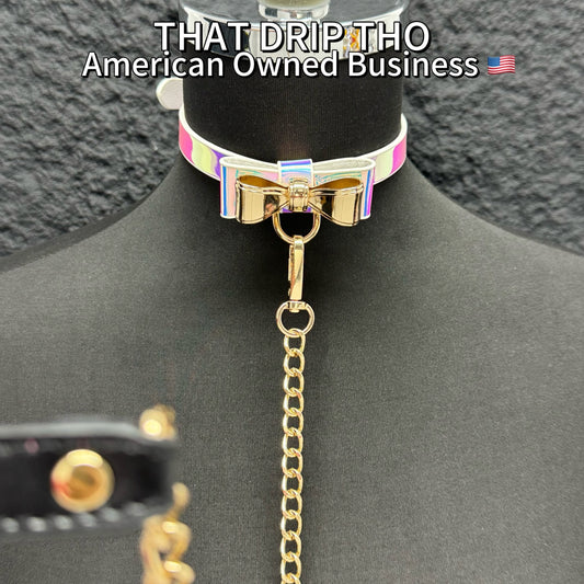 Luxe Chain ( [First Crush] White/Prismatic Leather with Gold Color Metal Choker Necklace) with Leather Chain Leash