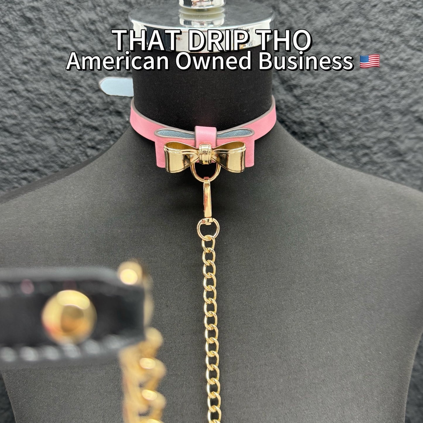 Luxe Chain ( [First Crush] Cute Pink Leather with Gold Color Metal Choker Necklace) with Leather Chain Leash