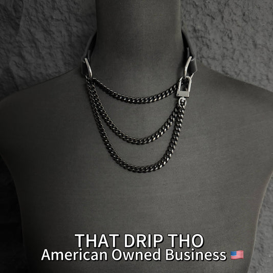 Luxe Chain (Fashion Layered Chain Leather Choker Necklace) (Premium Jet Black)