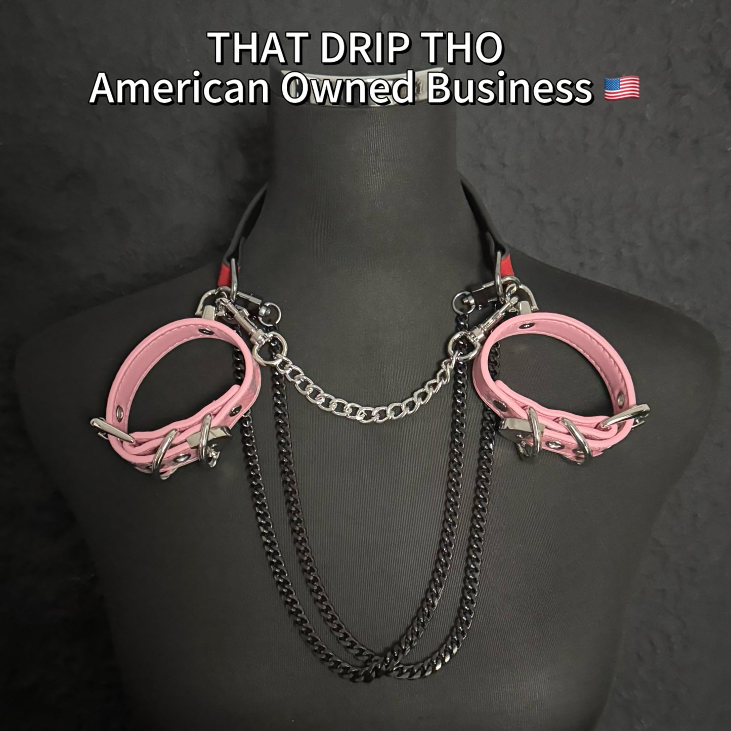 Luxe Chain (Premium Double Layered Chains Leather Choker) (Red Leather & Pink Cuff Set Combination)