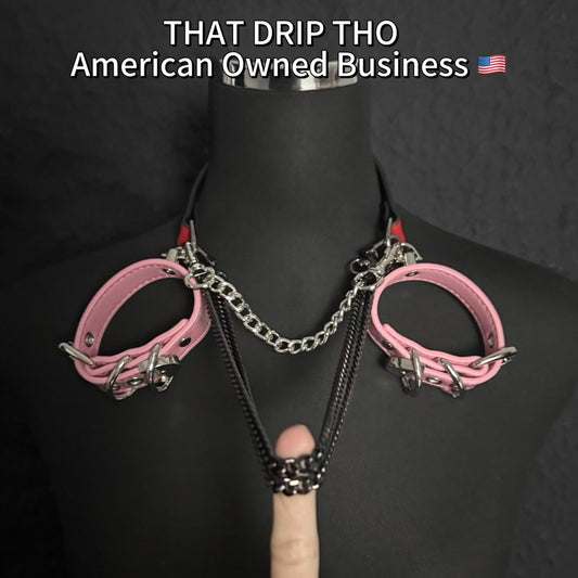 Luxe Chain (Premium Double Layered Chains Leather Choker) (Red Leather & Pink Cuff Set Combination)