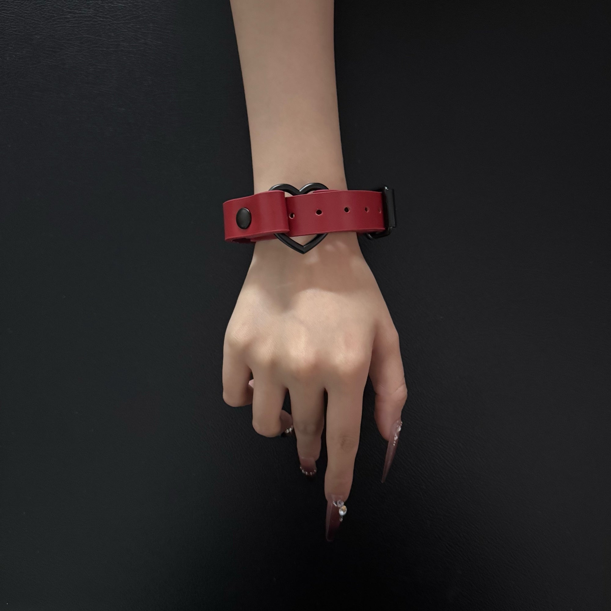 Luxe Chain( 3 in 1 Convertible Leather Bracelet, Handcuffs & Choker Necklace) ( Red Leather with Heart)