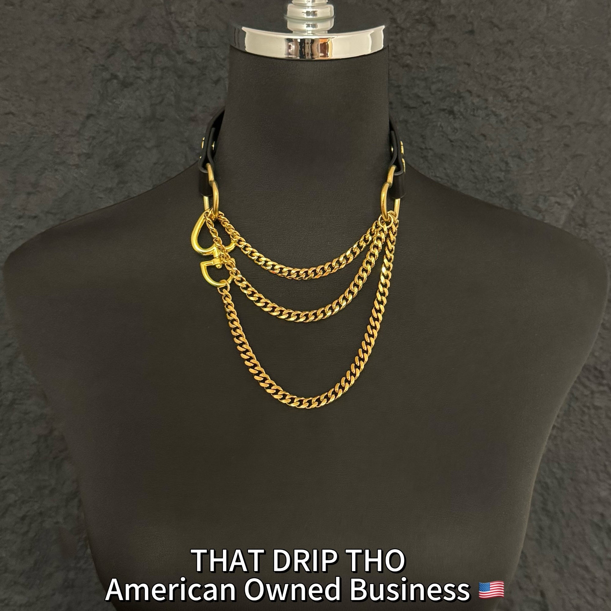 Luxe Chain (Fashion Layered Chain Leather Choker Necklace) (Black Leather- Gold Chain with Heart）