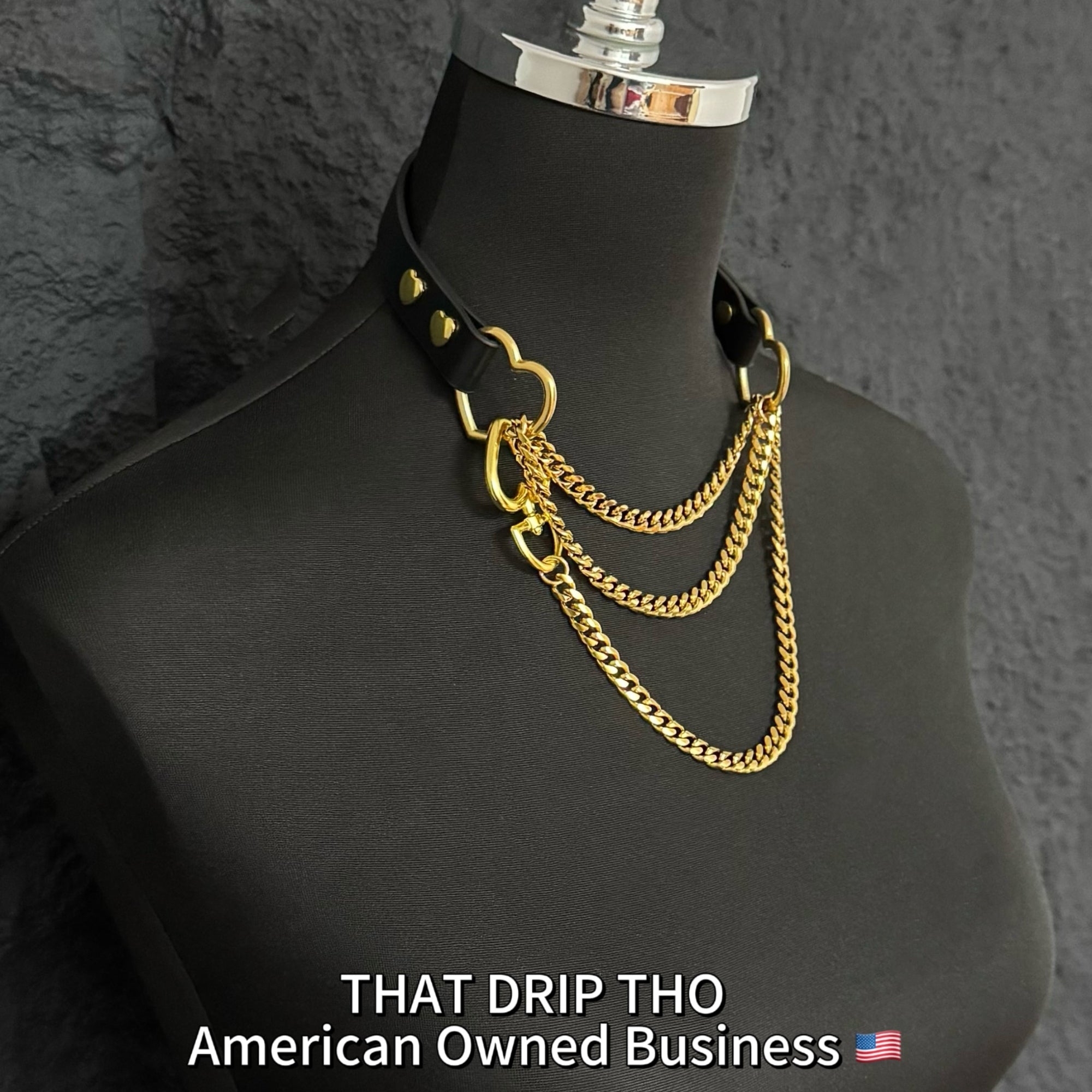 Luxe Chain (Fashion Layered Chain Leather Choker Necklace) (Black Leather- Gold Chain with Heart）