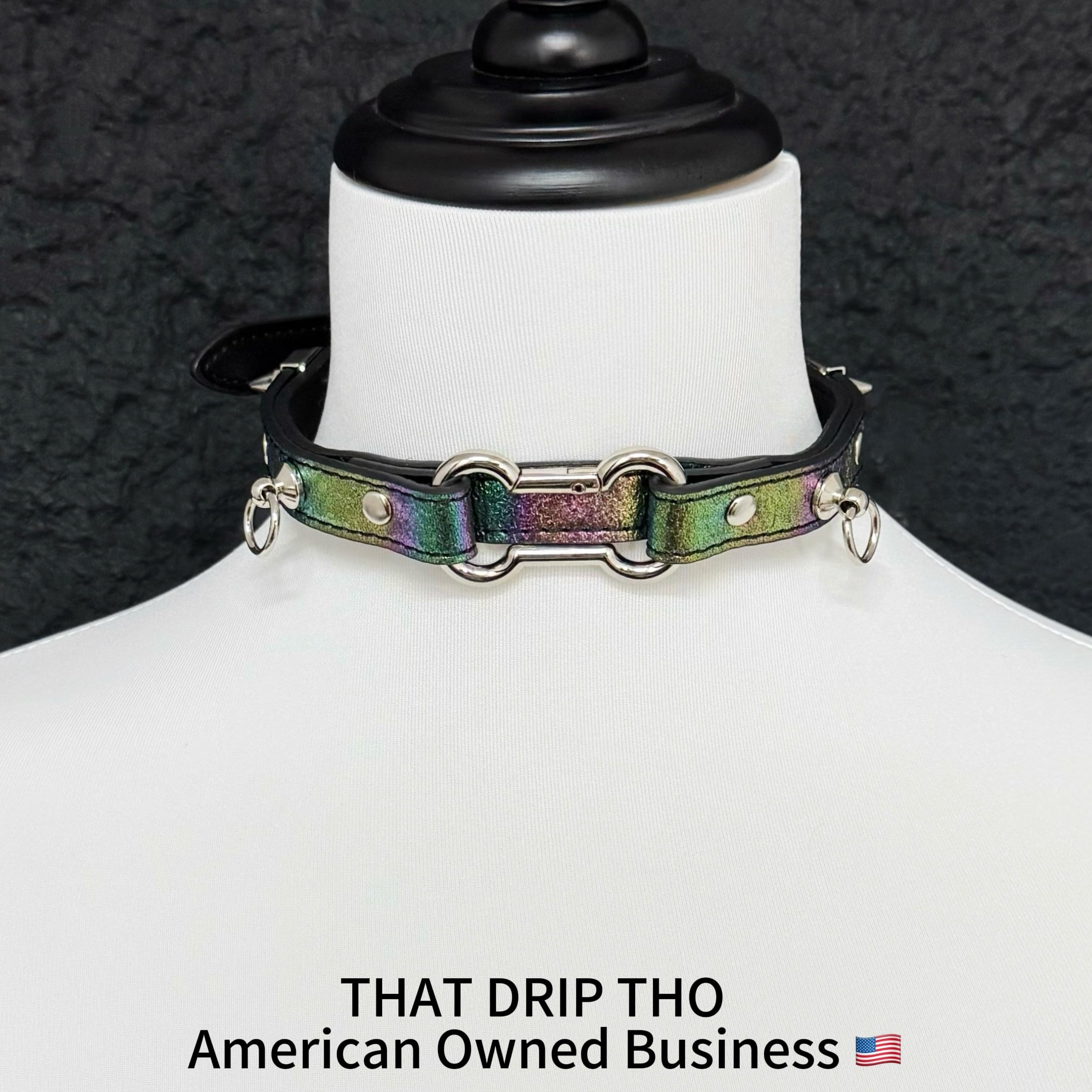 Iridescent Leather Choker with Dog Bone Ring