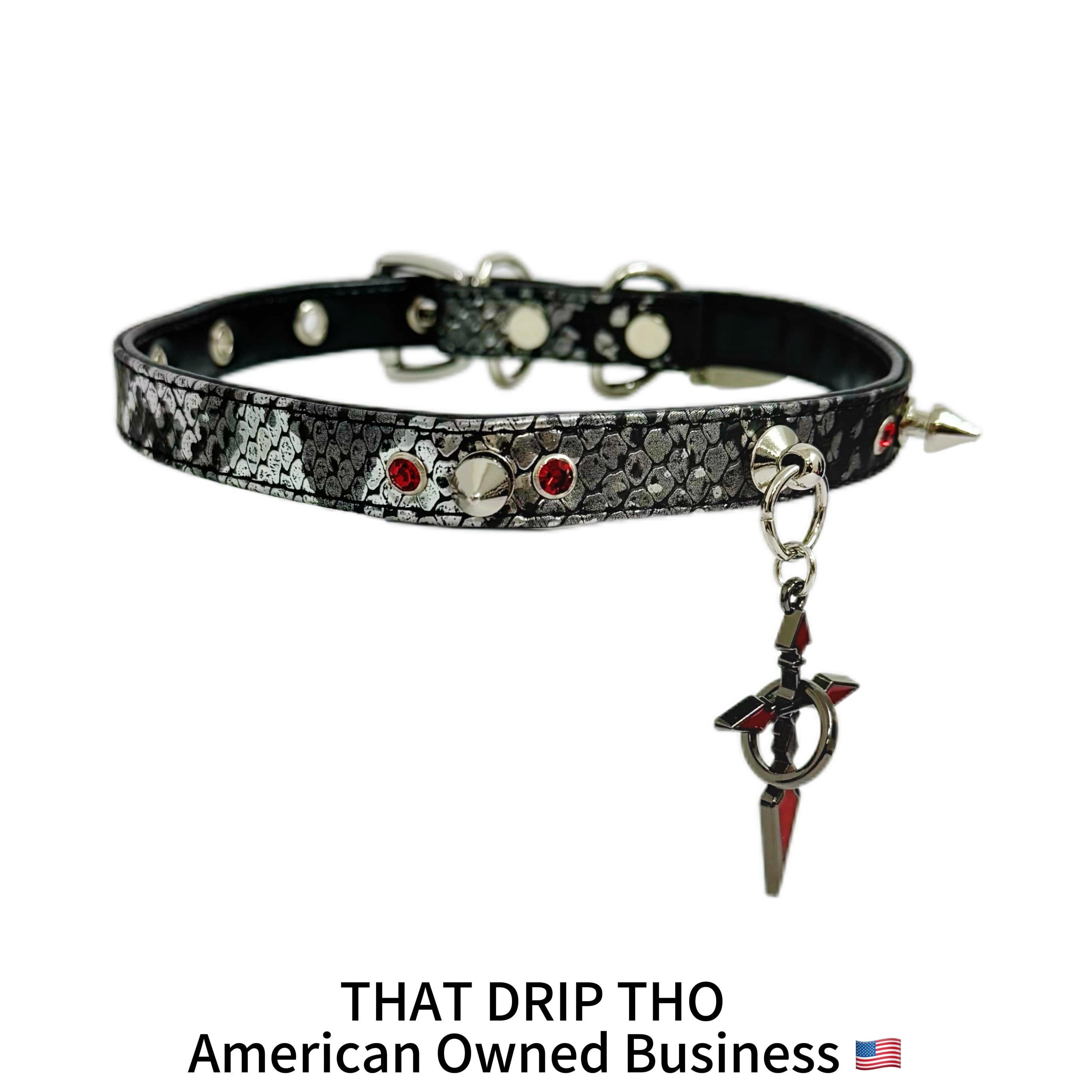Spiked Black Leather Choker with Red-Black Cross Pendant