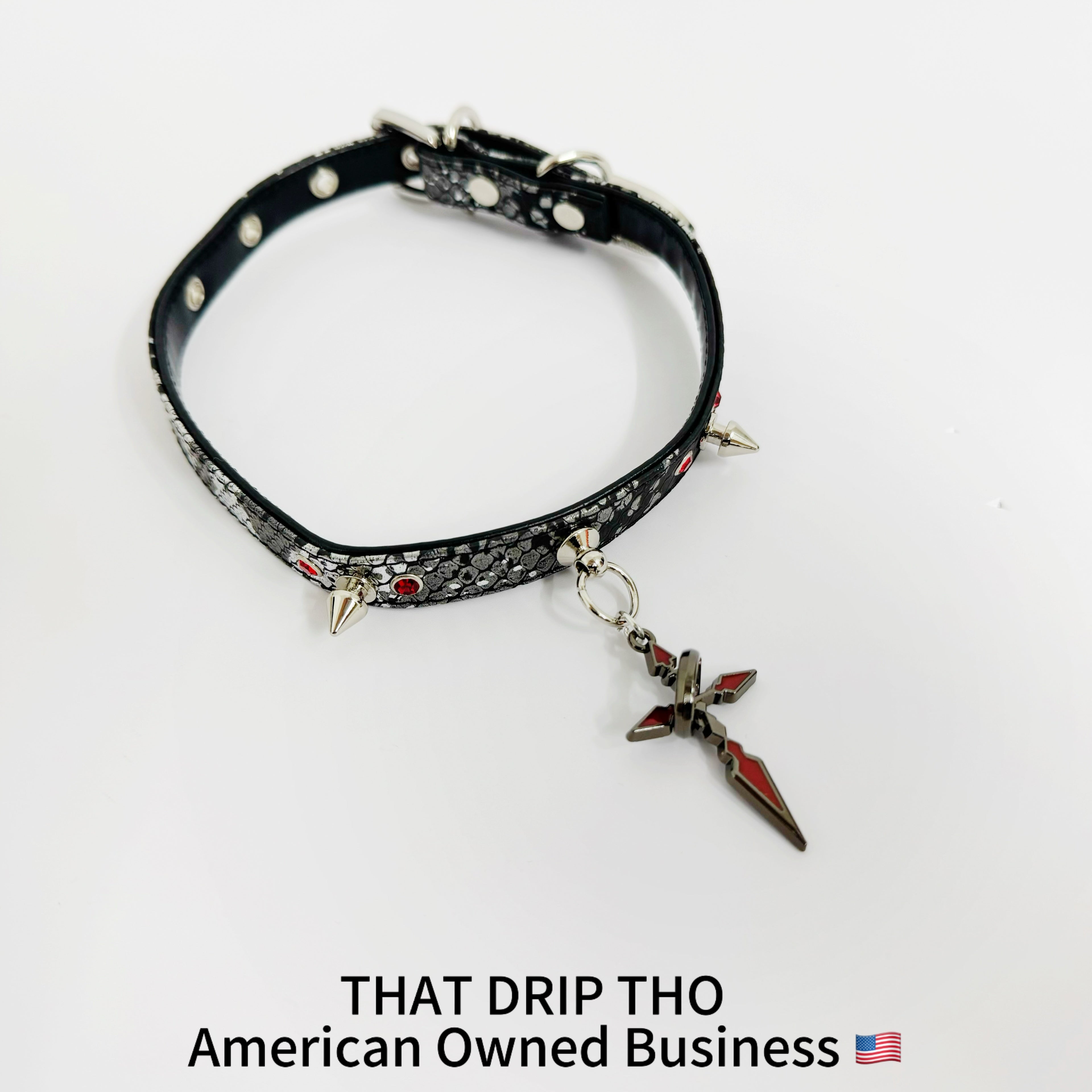 Spiked Black Leather Choker with Red-Black Cross Pendant