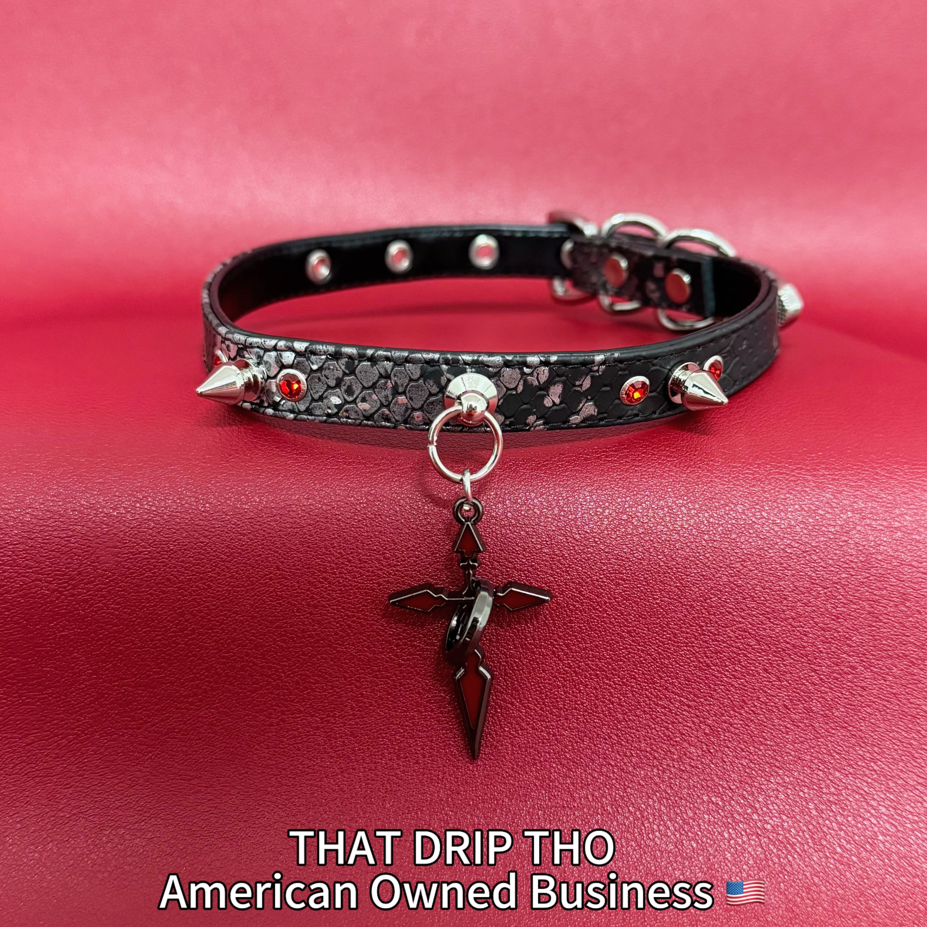Spiked Black Leather Choker with Red-Black Cross Pendant