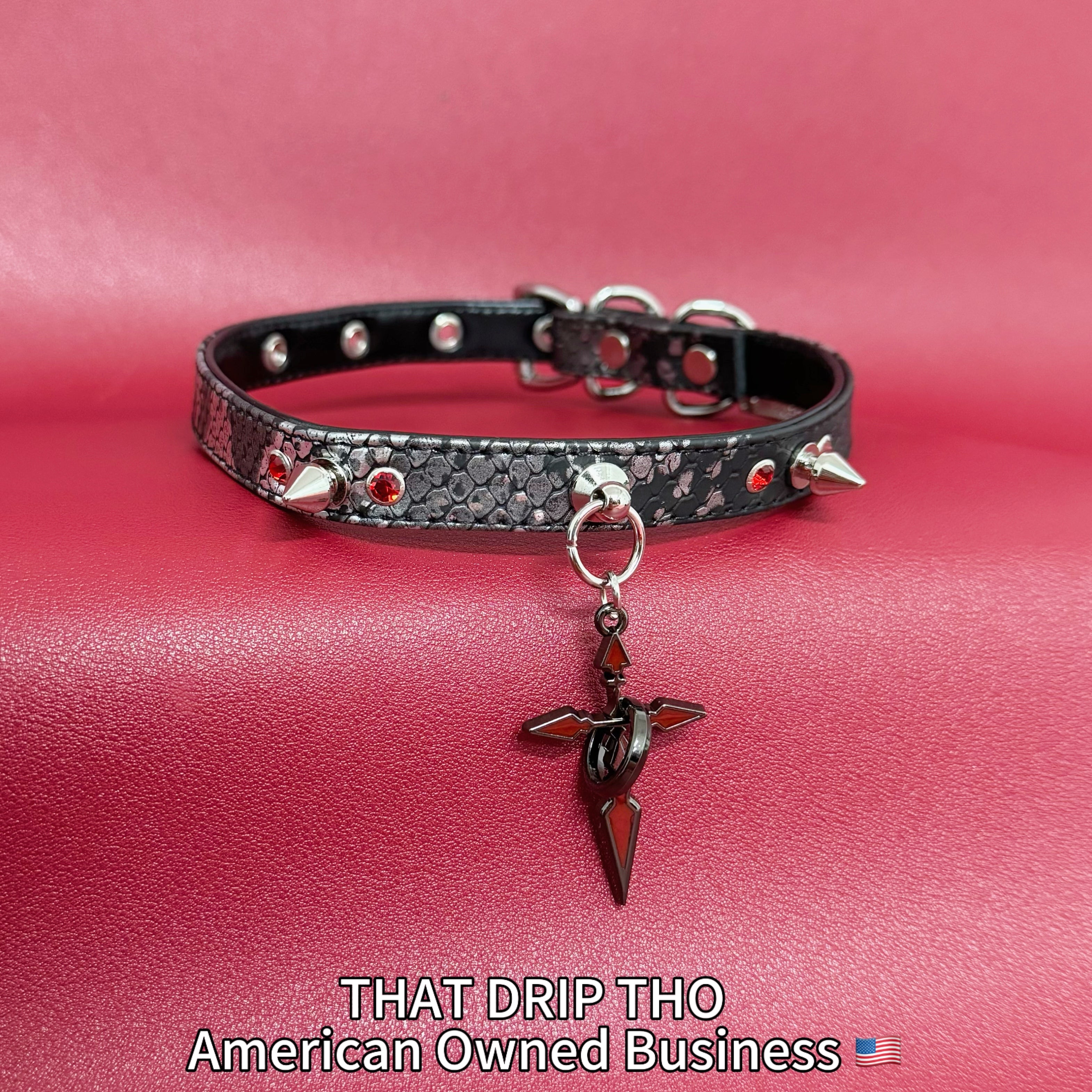 Spiked Black Leather Choker with Red-Black Cross Pendant