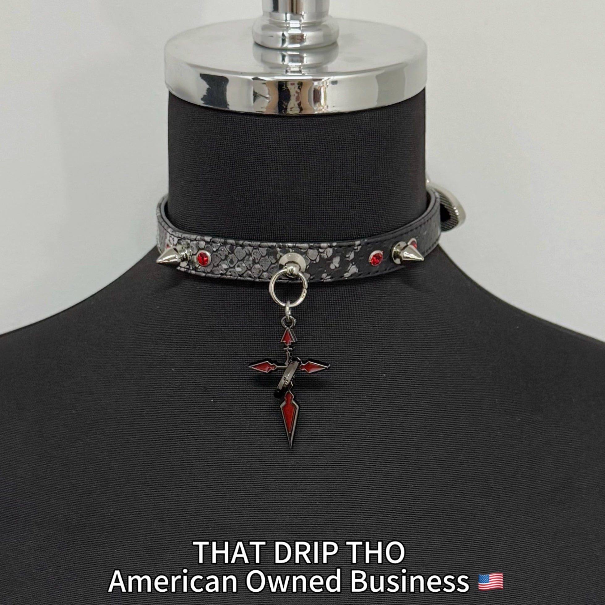 Spiked Black Leather Choker with Red-Black Cross Pendant
