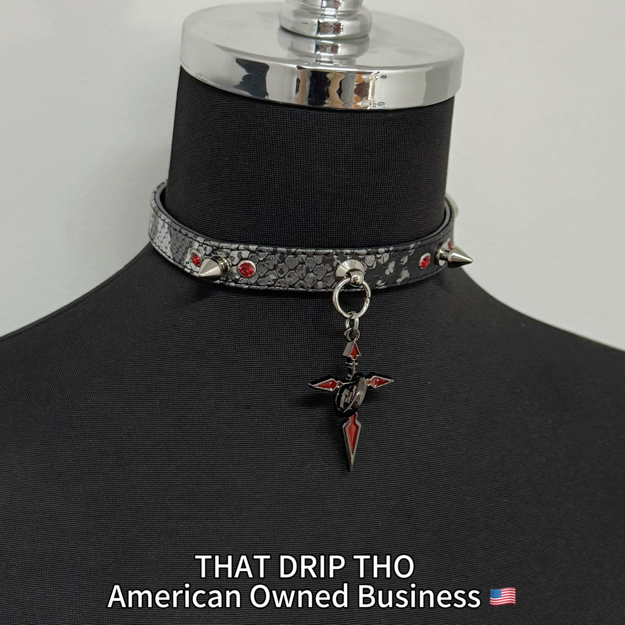 Spiked Black Leather Choker with Red-Black Cross Pendant