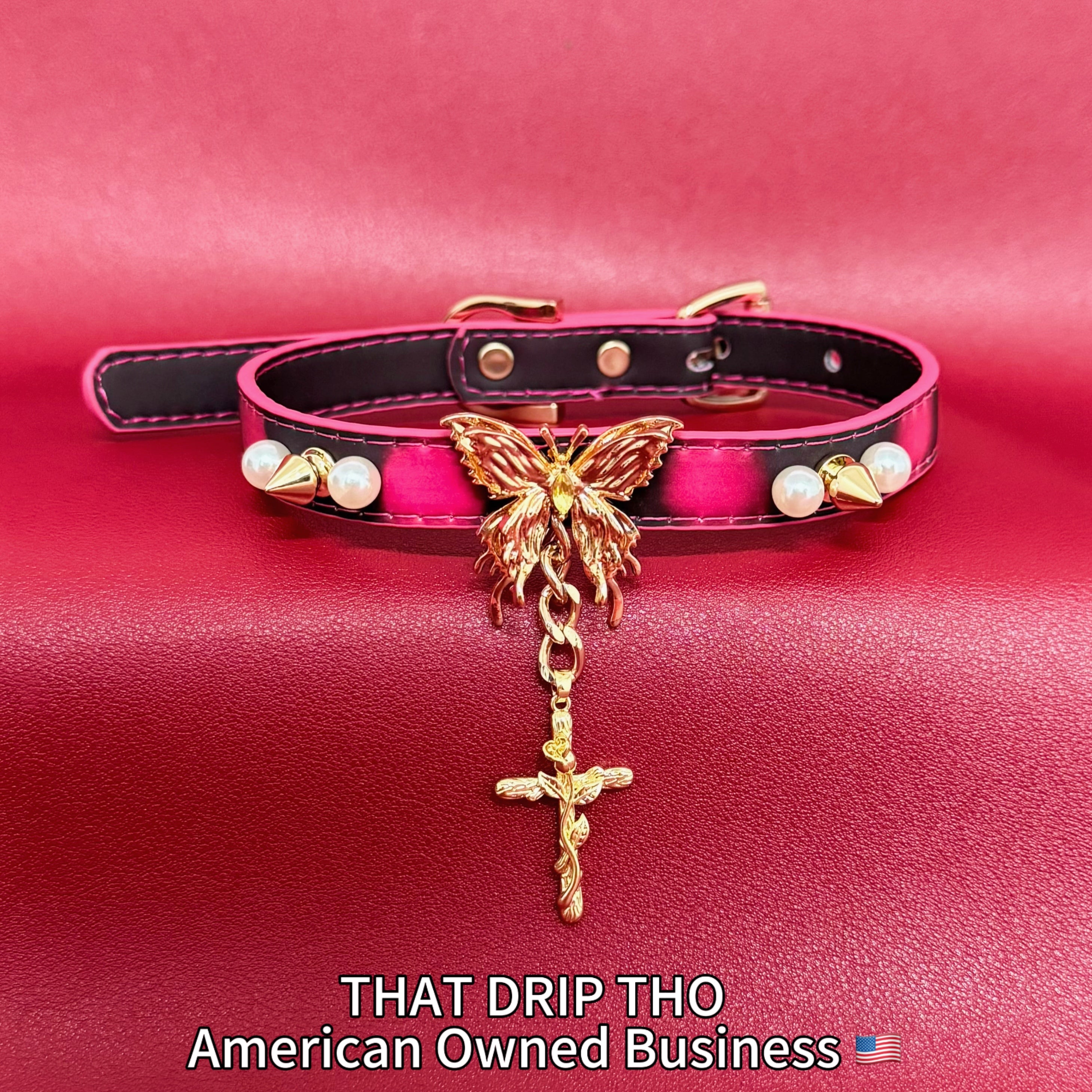 Handmade Heat Reactive Rouge Leather Choker with Butterfly Cross Pendant, Color-Changing Collar with Spikes and Pearls