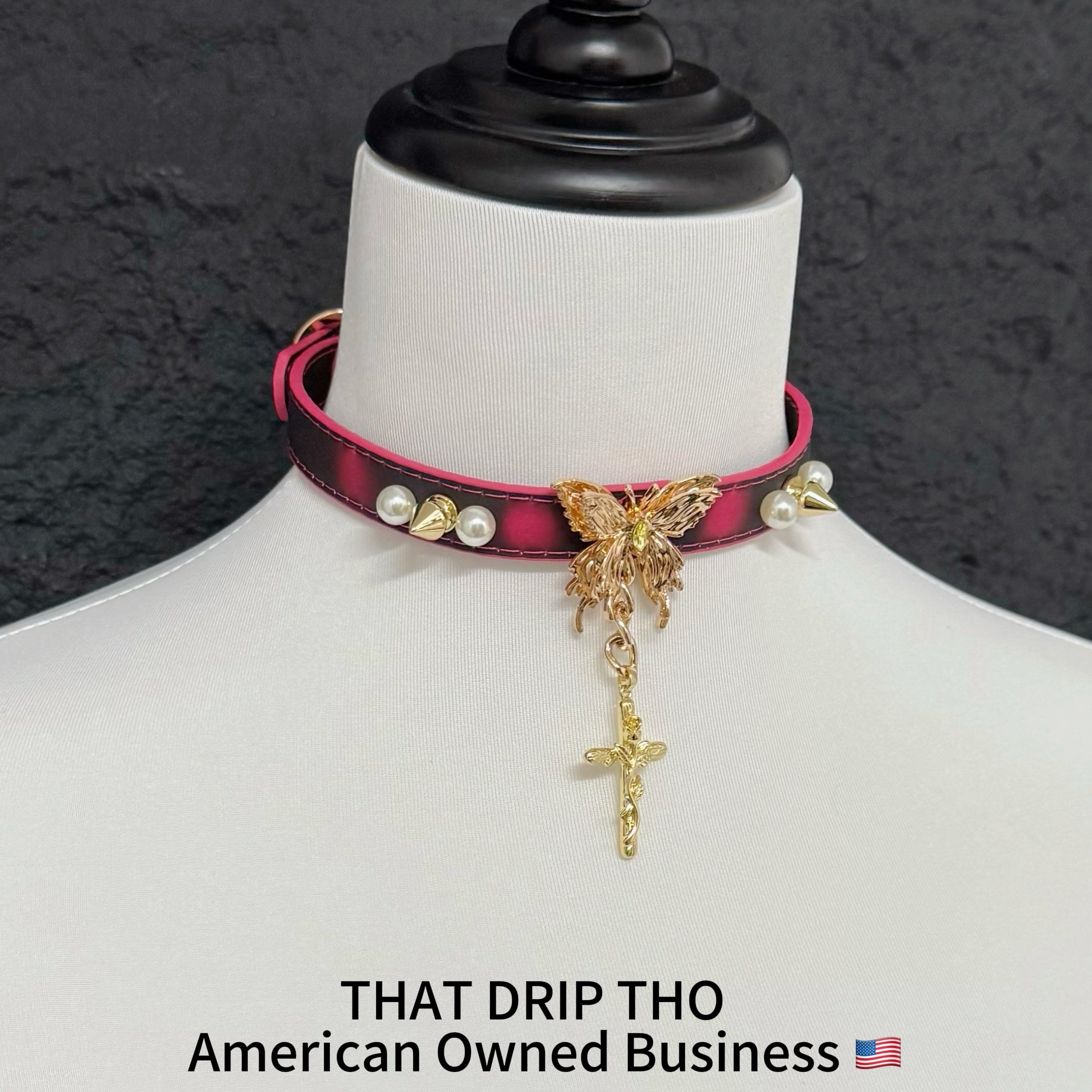 Handmade Heat Reactive Rouge Leather Choker with Butterfly Cross Pendant, Color-Changing Collar with Spikes and Pearls