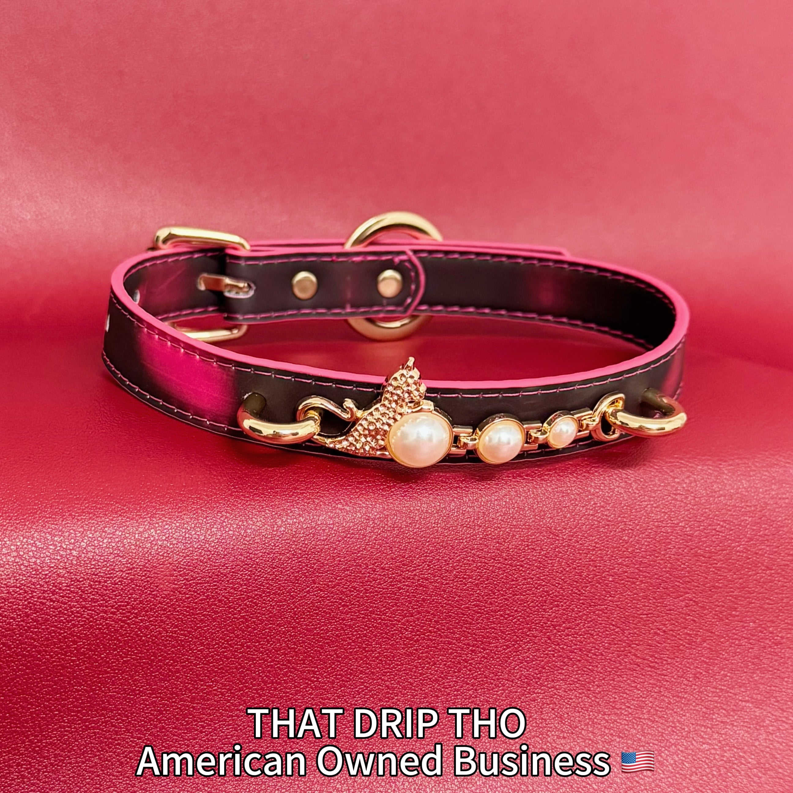 Handmade Heat Reactive Rouge Leather Choker,  Color-Changing Collar with Leopard Accent & Pearl Details
