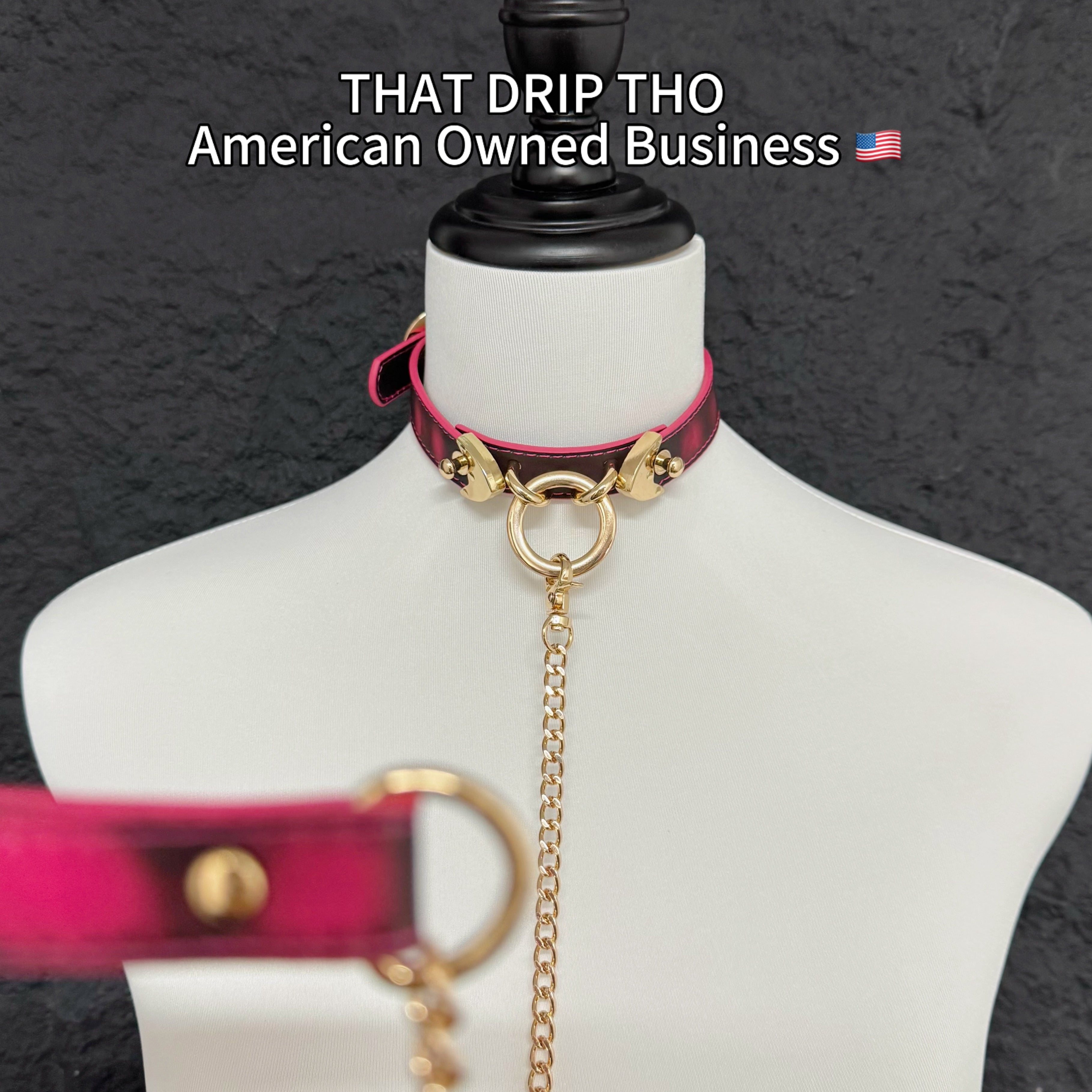 Heat Reactive Rouge Leather Collar Choker with Gold O-Ring & Matching Chain Leash