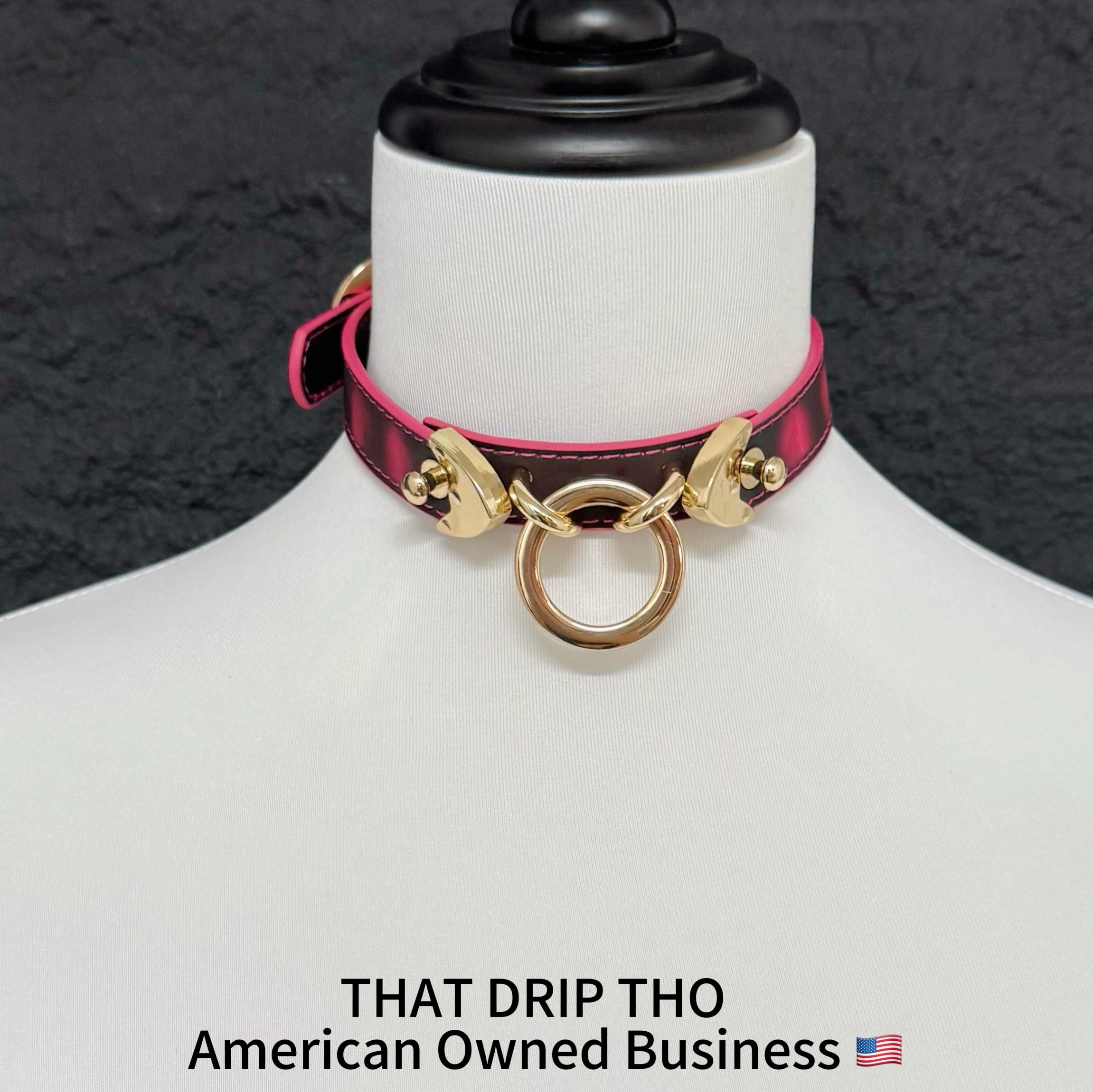 Heat Reactive Rouge Leather Collar Choker with Gold O-Ring & Matching Chain Leash