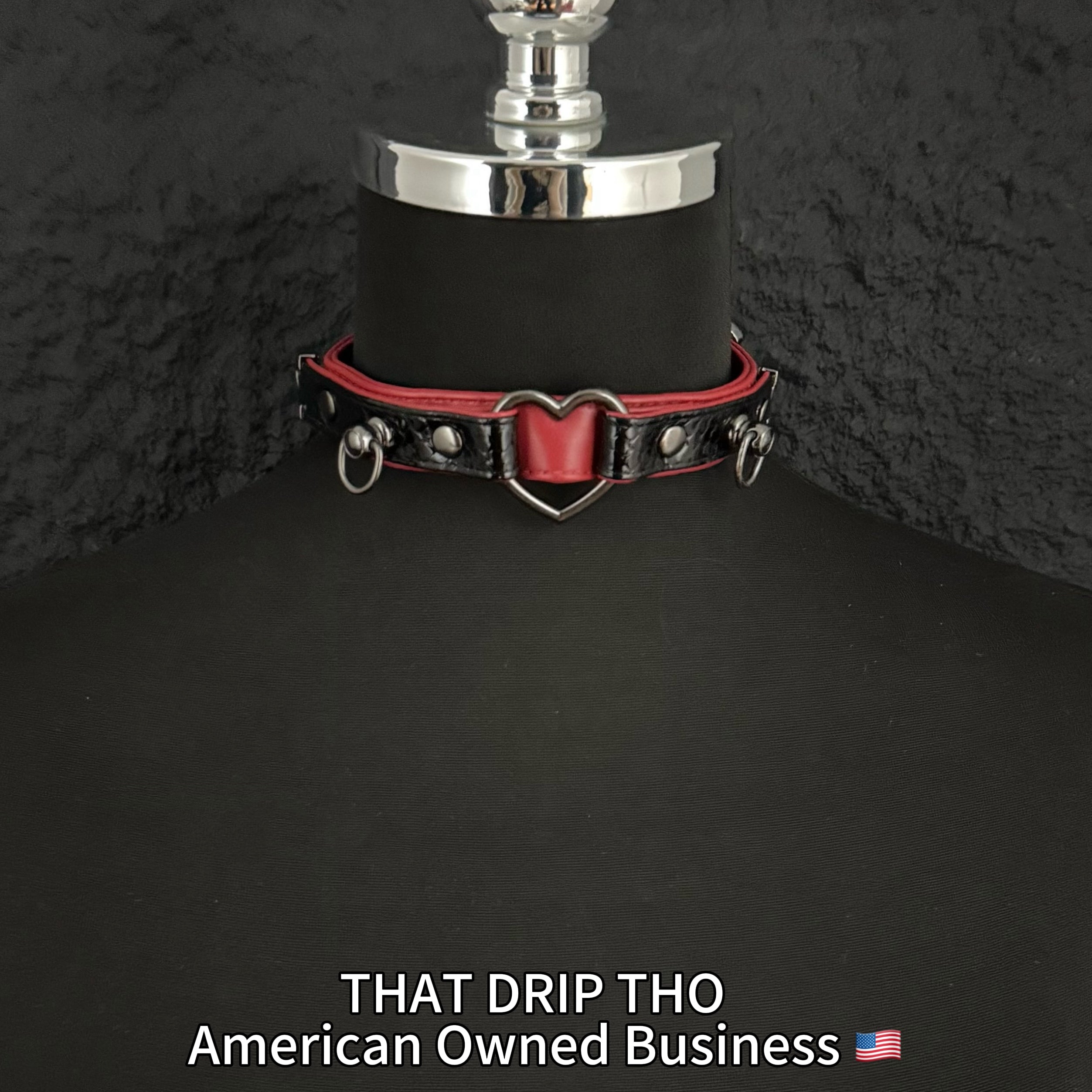 Dark Rose & Black Leather Choker with Heart O-Ring & Matching Leash Set