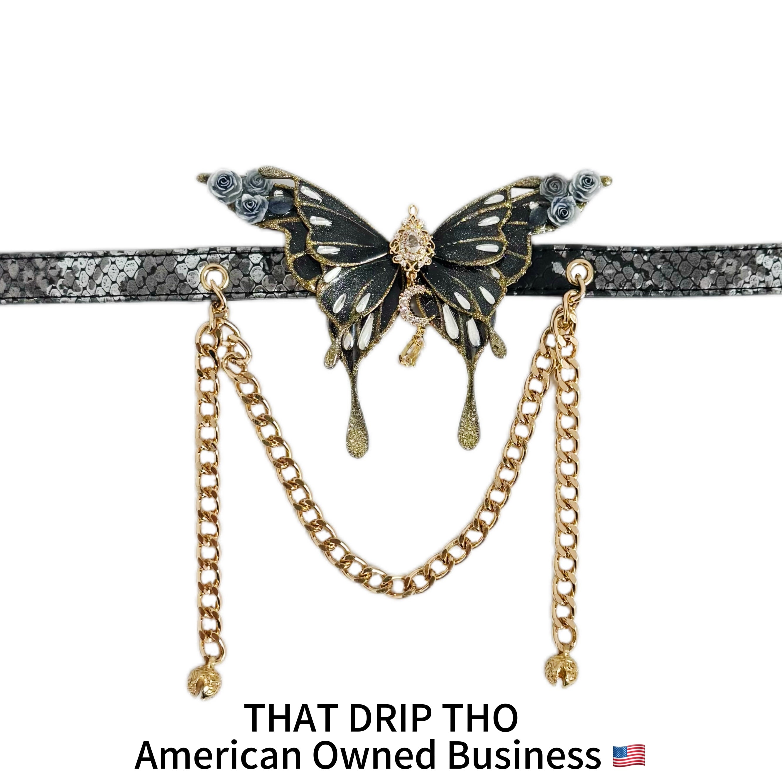 Jingle and Flutter Butterfly Charm Leather Collar with Bells and Matching Chain Leash Set -Black Butterfly & Leash