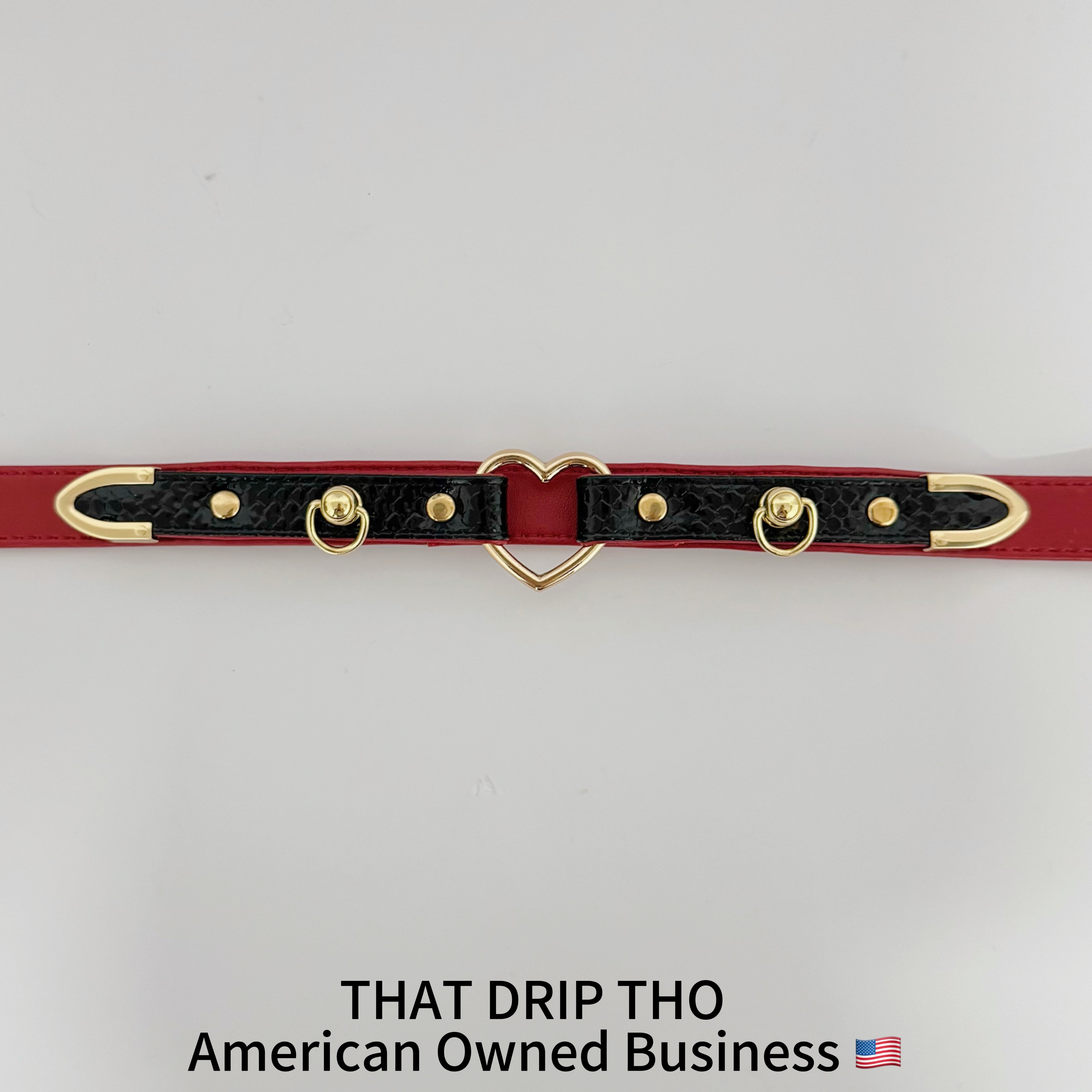 Dark Rose & Black Leather Choker with Heart O-Ring & Matching Leash Set