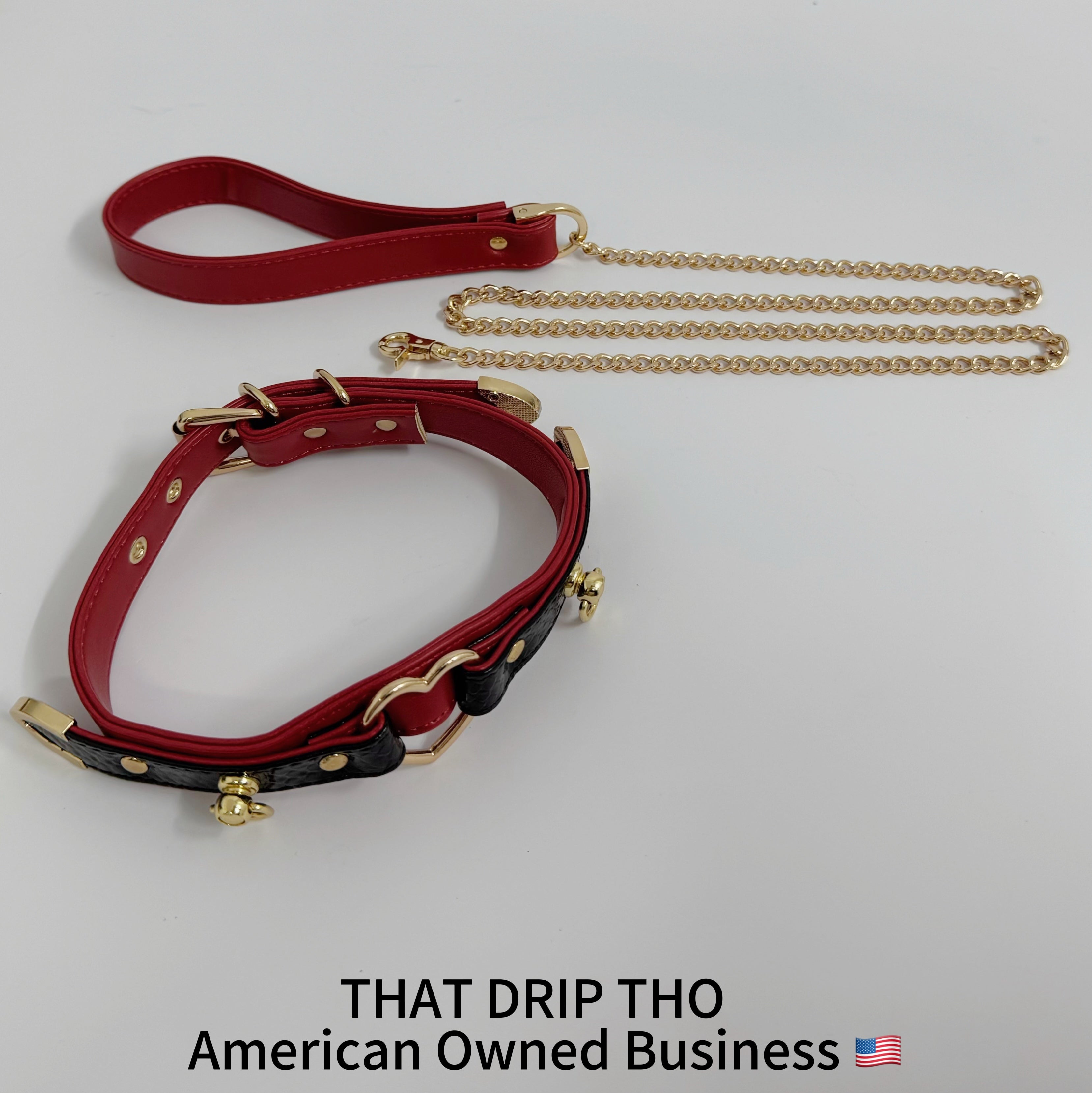 Dark Rose & Black Leather Choker with Heart O-Ring & Matching Leash Set