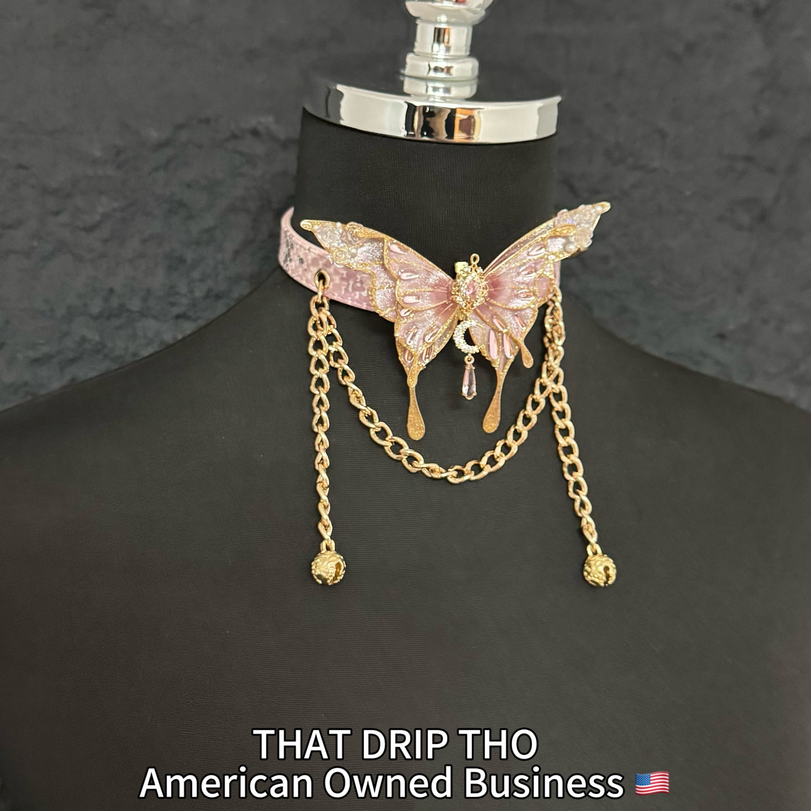 Jingle and Flutter Butterfly Charm Leather Collar with Bells and Matching Chain Leash Set -Pink Butterfly & Leash