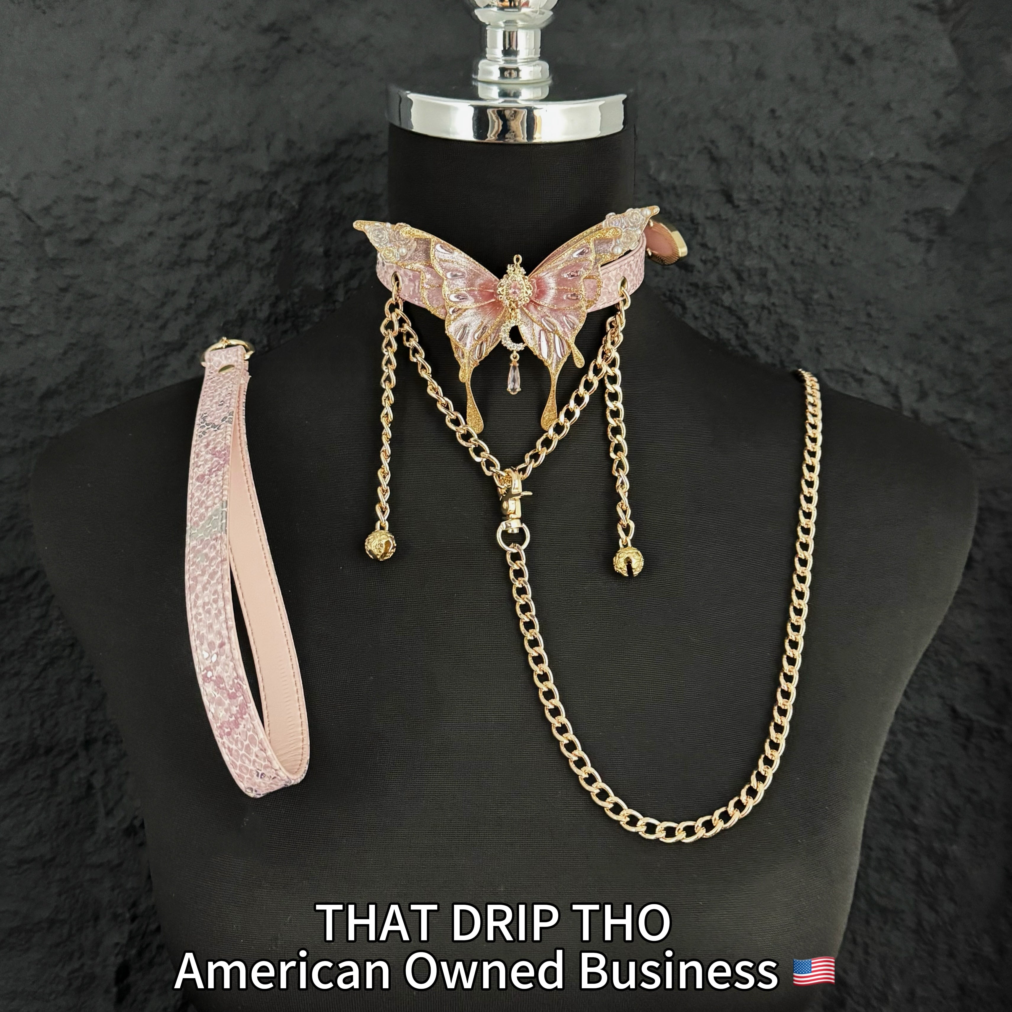 Jingle and Flutter Butterfly Charm Leather Collar with Bells and Matching Chain Leash Set -Pink Butterfly & Leash