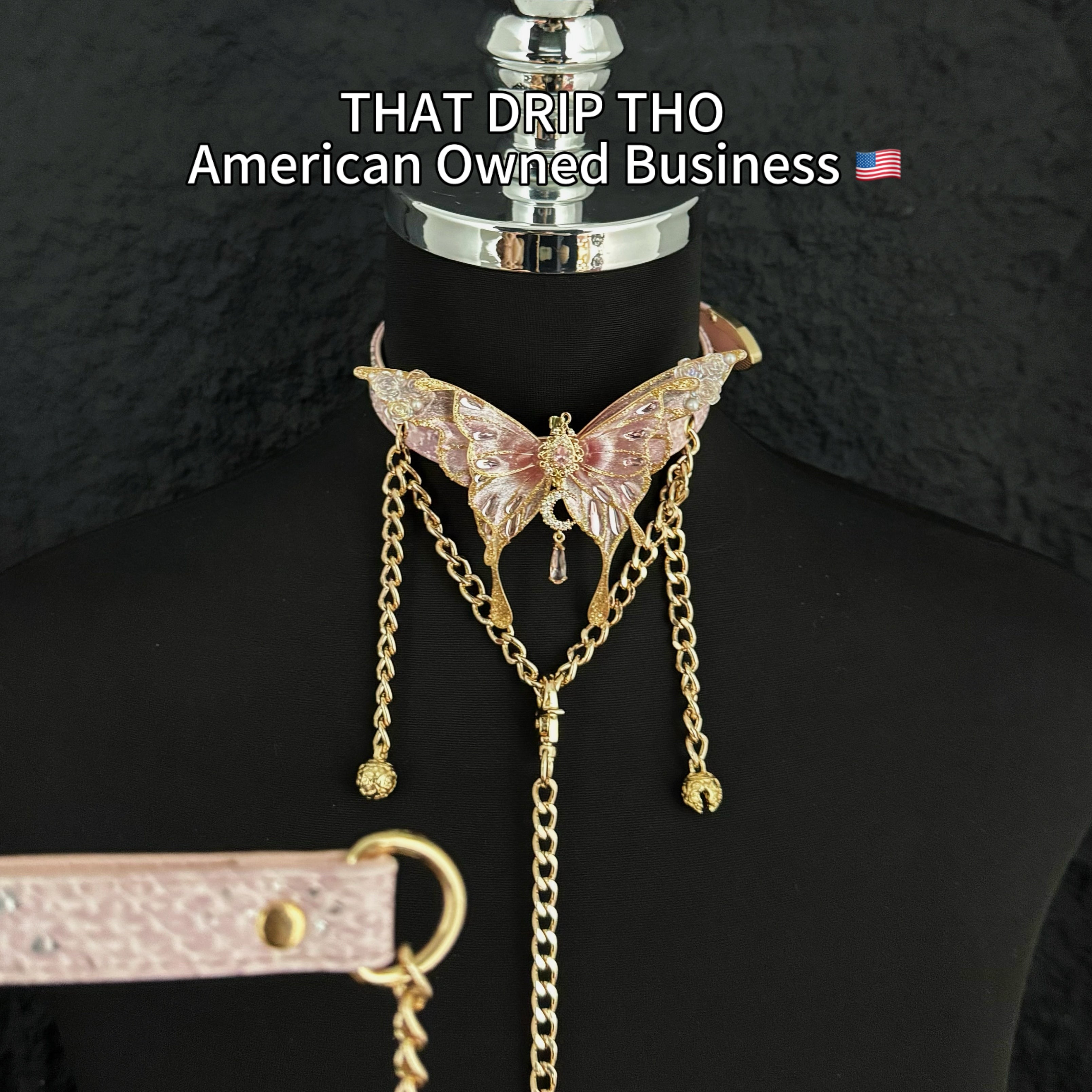 Jingle and Flutter Butterfly Charm Leather Collar with Bells and Matching Chain Leash Set -Pink Butterfly & Leash