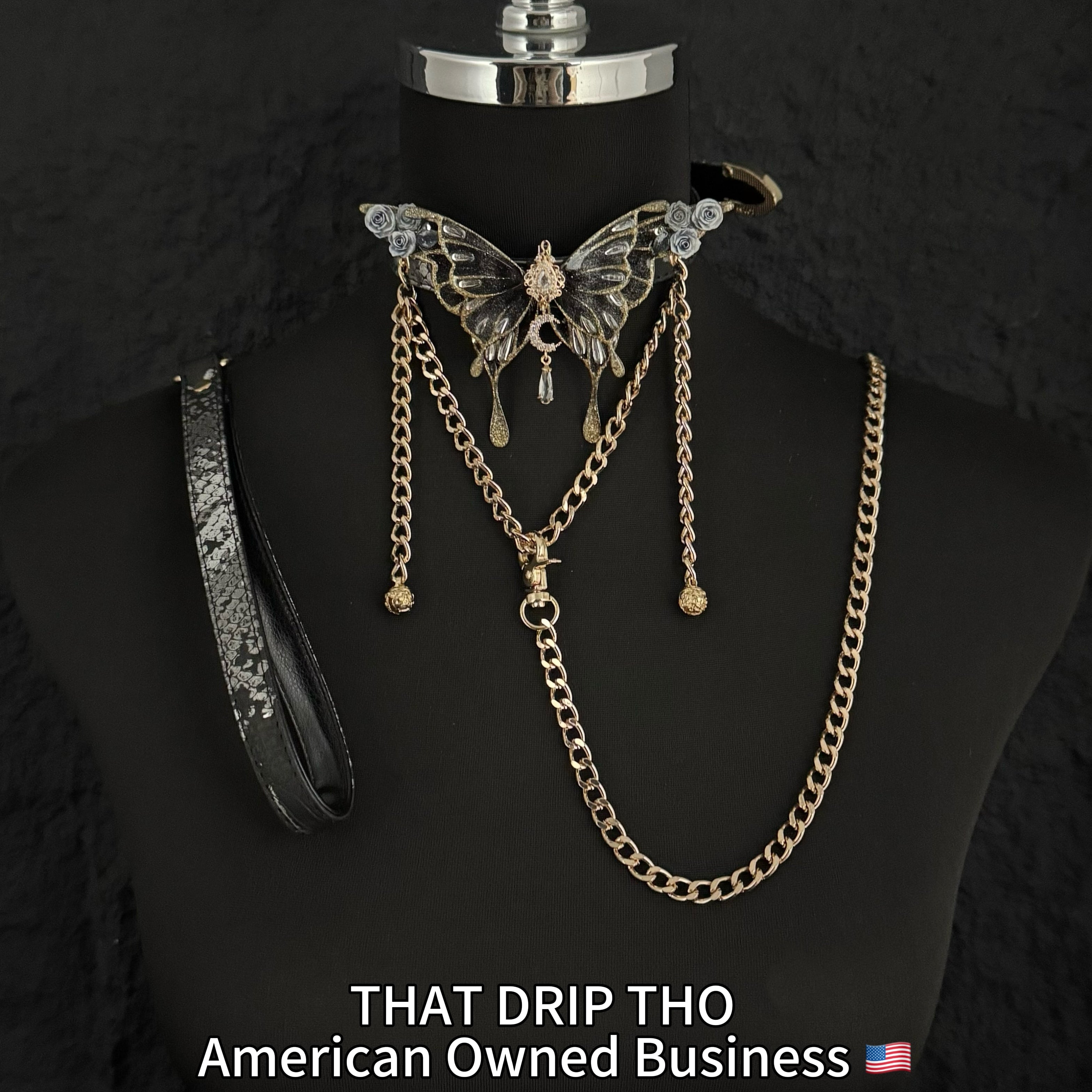 Jingle and Flutter Butterfly Charm Leather Collar with Bells and Matching Chain Leash Set -Black Butterfly & Leash