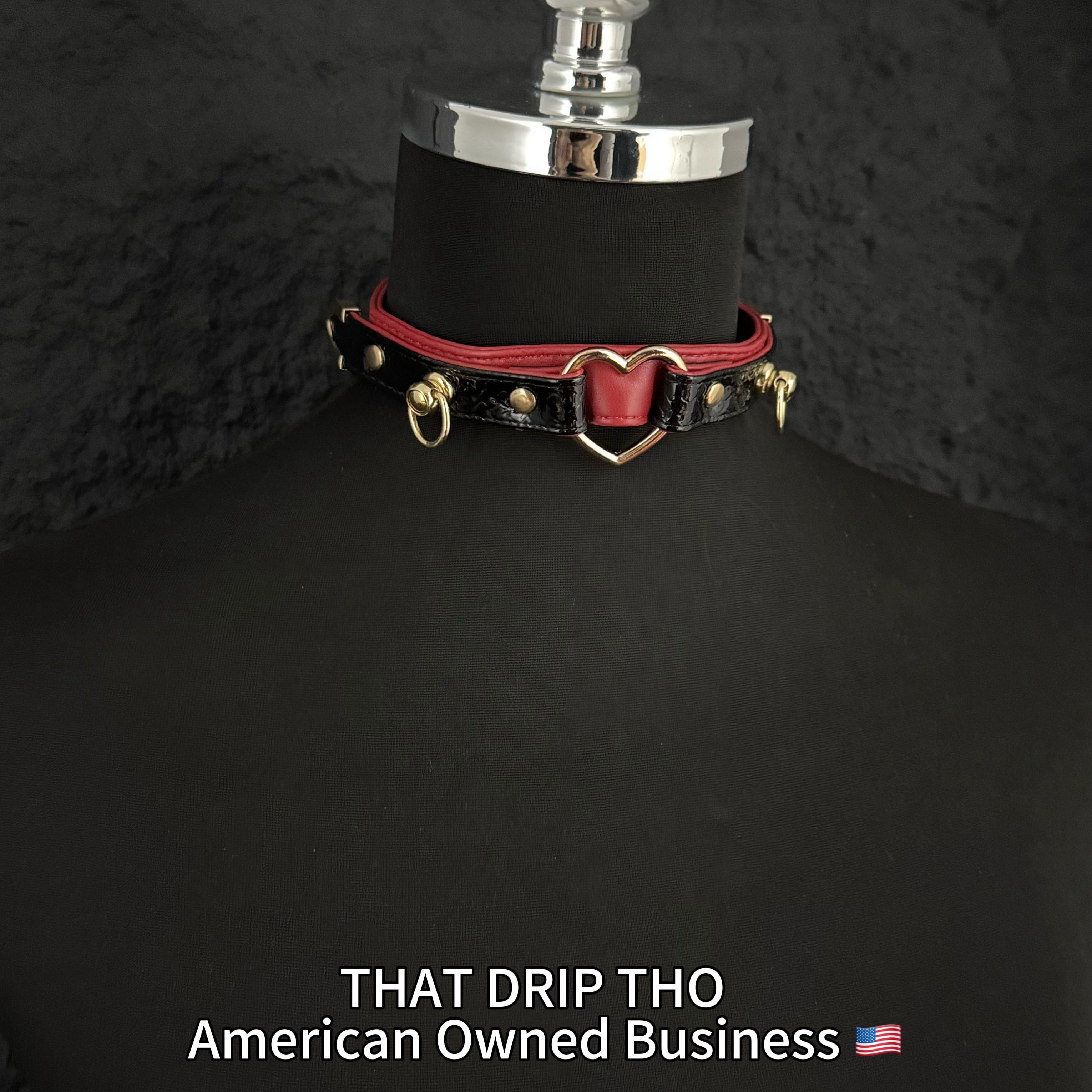 Dark Rose & Black Leather Choker with Heart O-Ring & Matching Leash Set