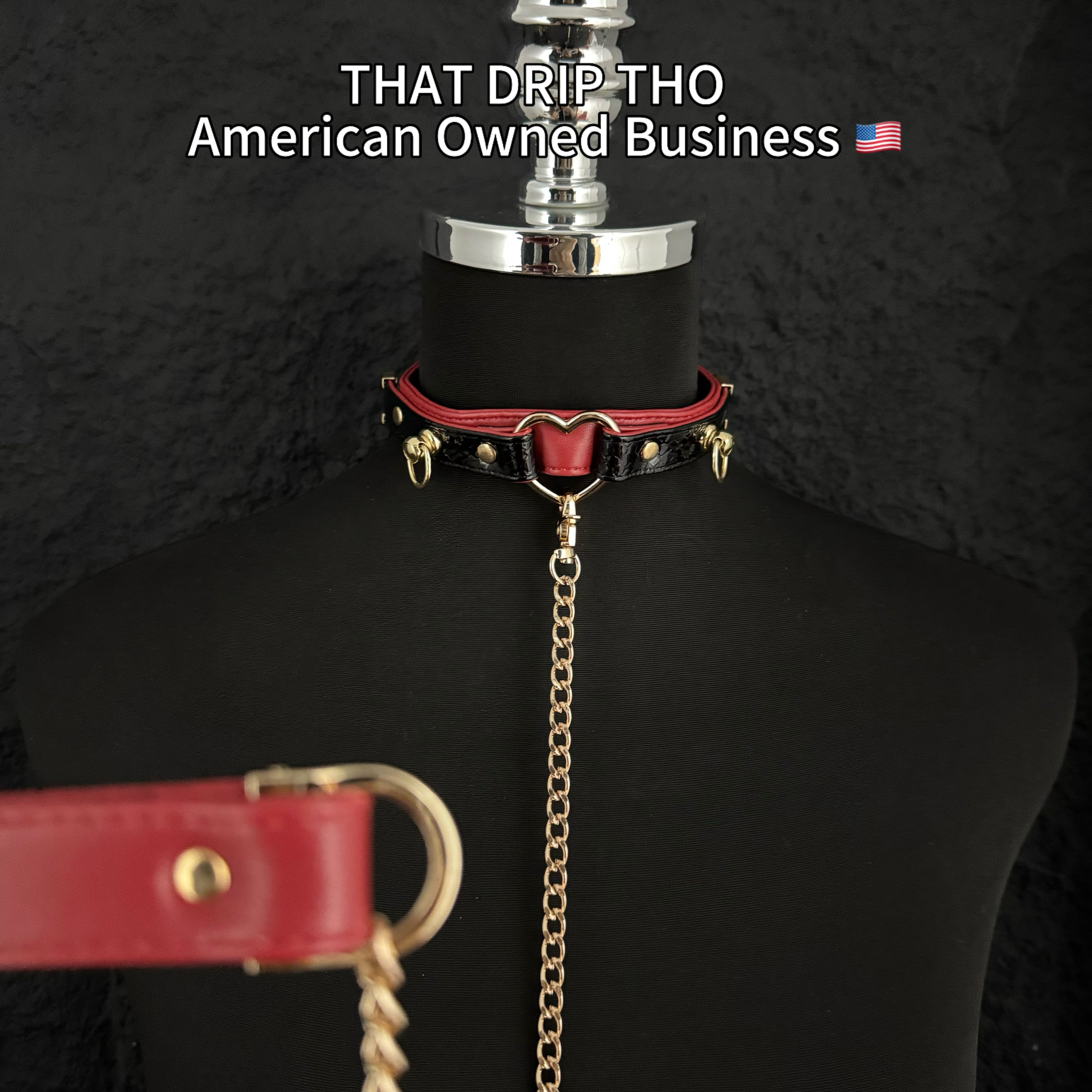 Dark Rose & Black Leather Choker with Heart O-Ring & Matching Leash Set