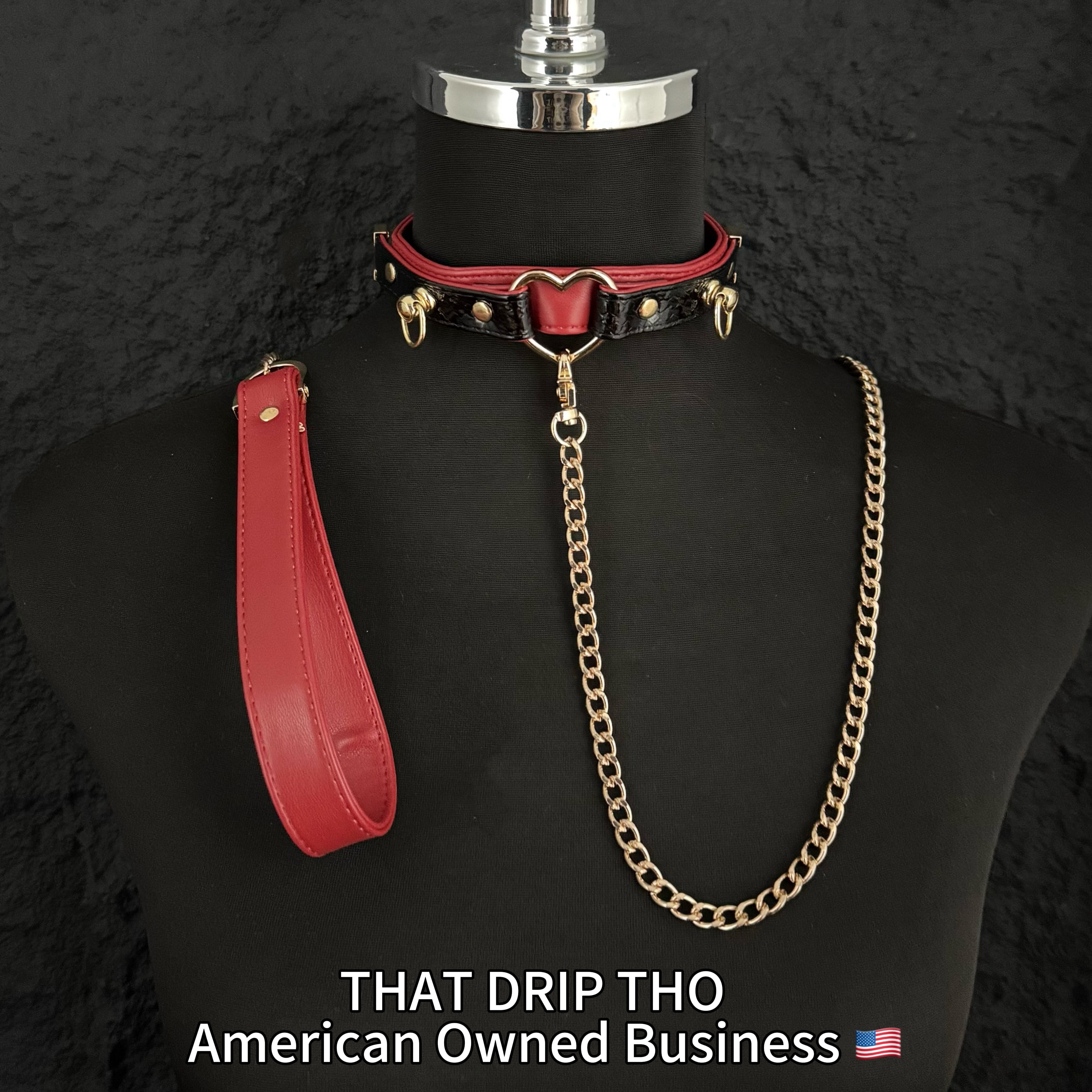 Dark Rose & Black Leather Choker with Heart O-Ring & Matching Leash Set