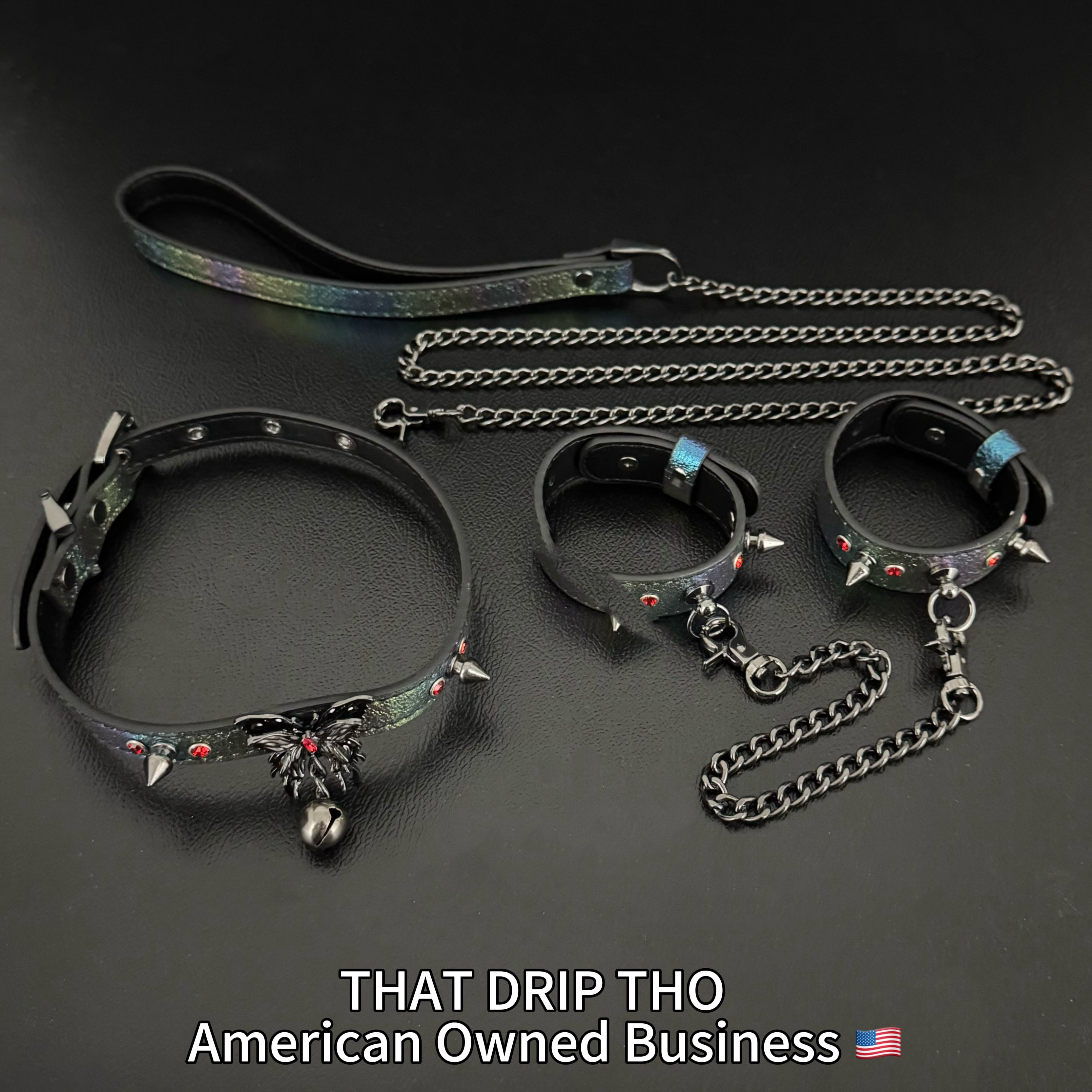 Iridescent Spiked Bondage Set – Leather Collar Choker with Gunmetal Butterfly & Bell, Matching Leash & Cuffs