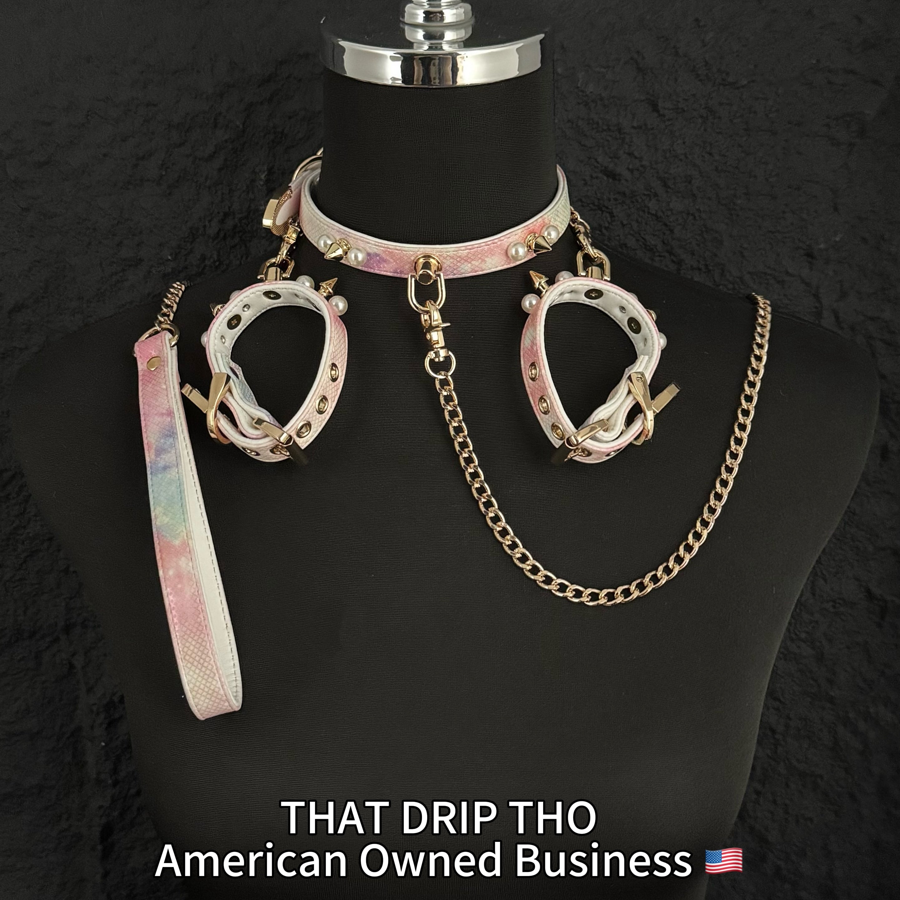 Handmade Luxe Pearls & Spikes Bondage Set – Matching Collar, Cuffs, and Chain Leash - Pink Set