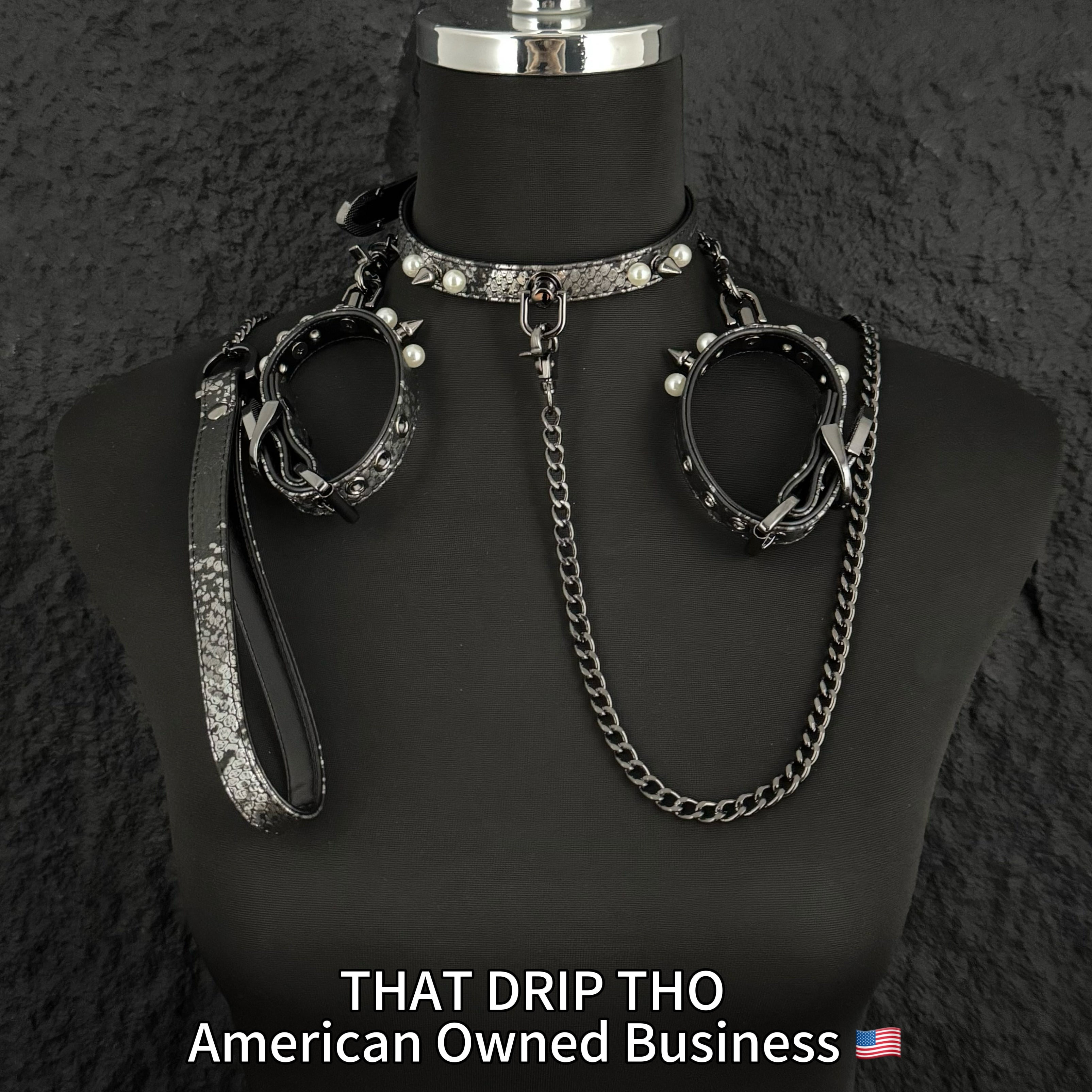 Handmade Luxe Pearls & Spikes Bondage Set – Matching Collar, Cuffs, and Chain Leash - Black Set