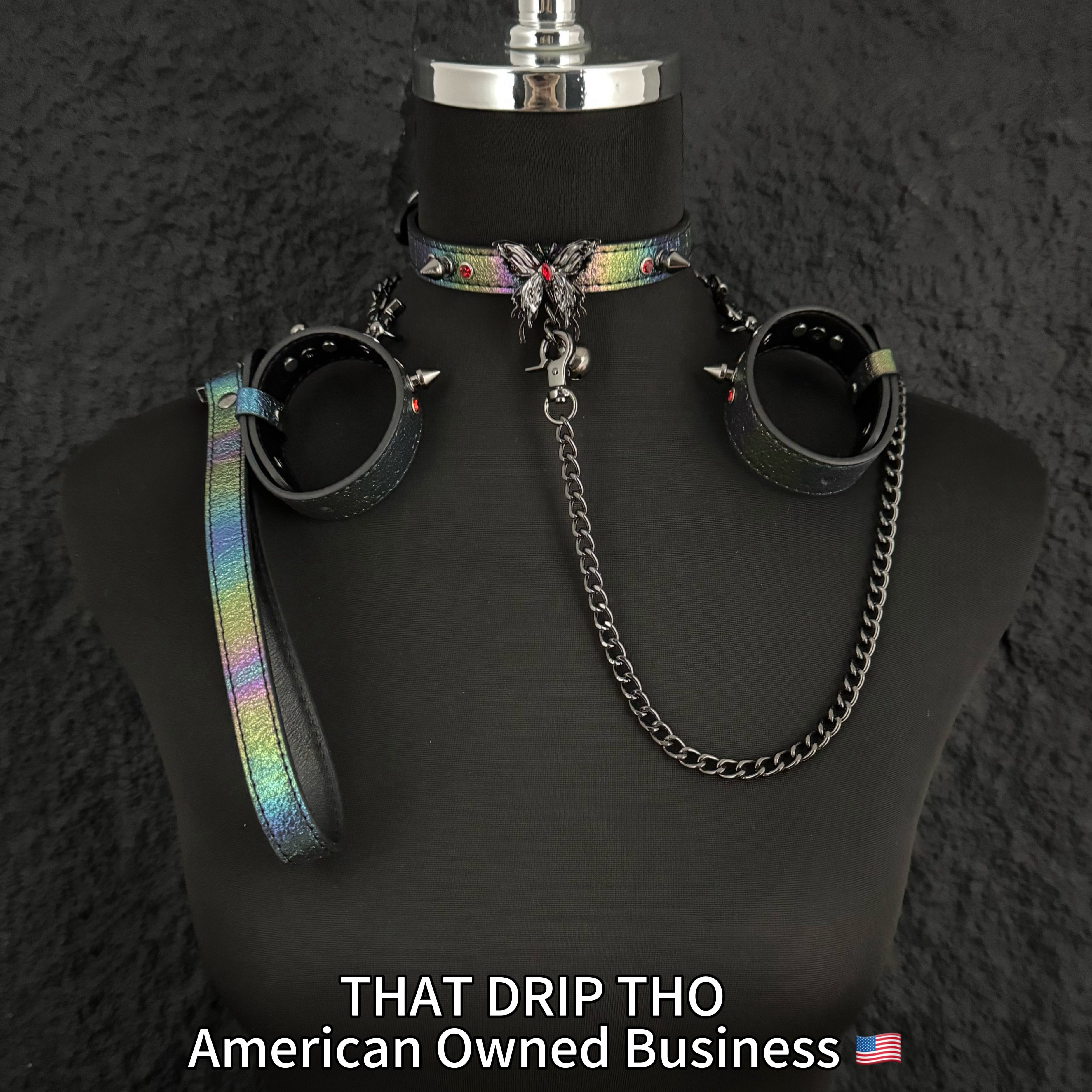 Iridescent Spiked Bondage Set – Leather Collar Choker with Gunmetal Butterfly & Bell, Matching Leash & Cuffs