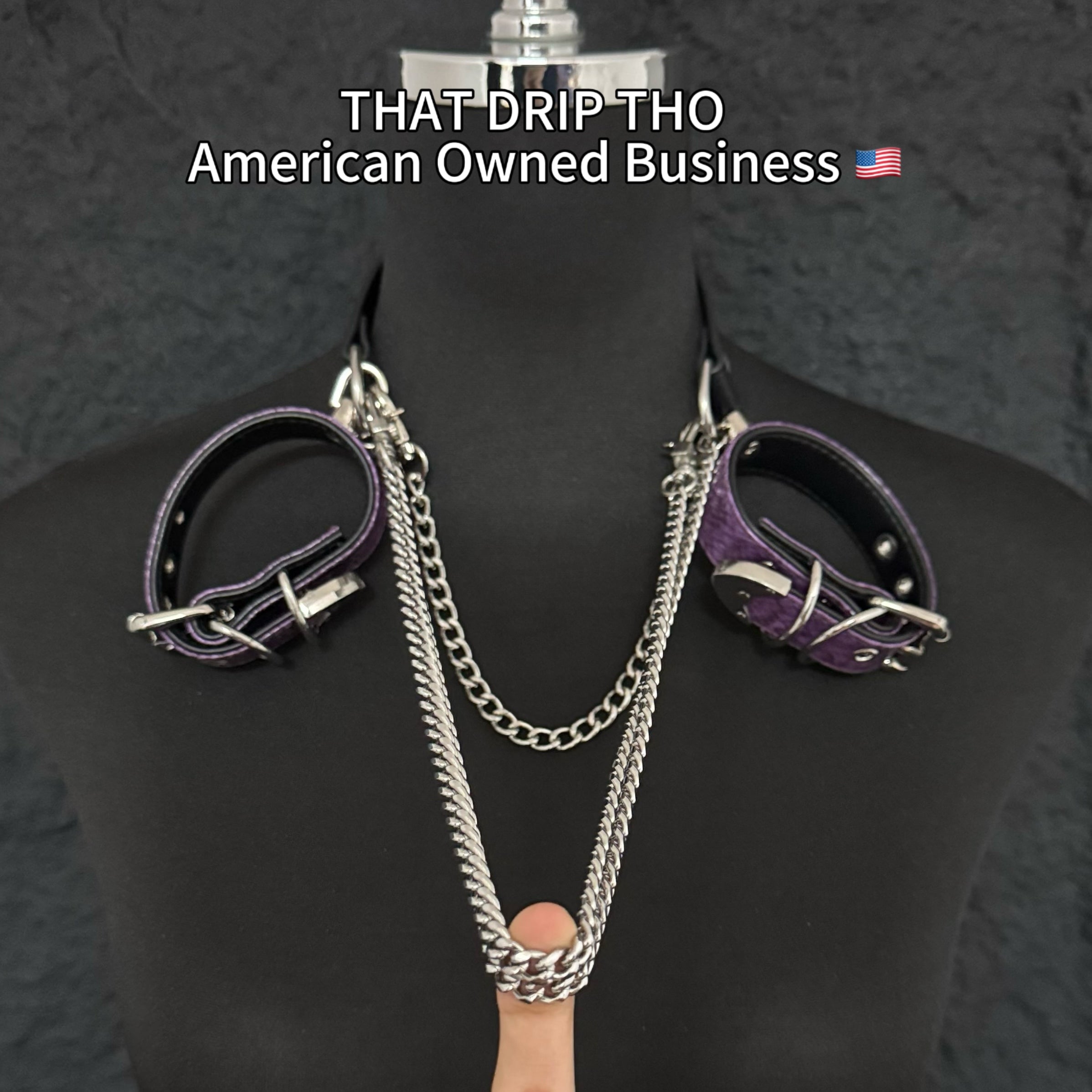 Luxe Chain (Premium Double Layered Chains Leather Choker with Adjustable Dark Purple Pattern Bracelet-– Silver Hardware