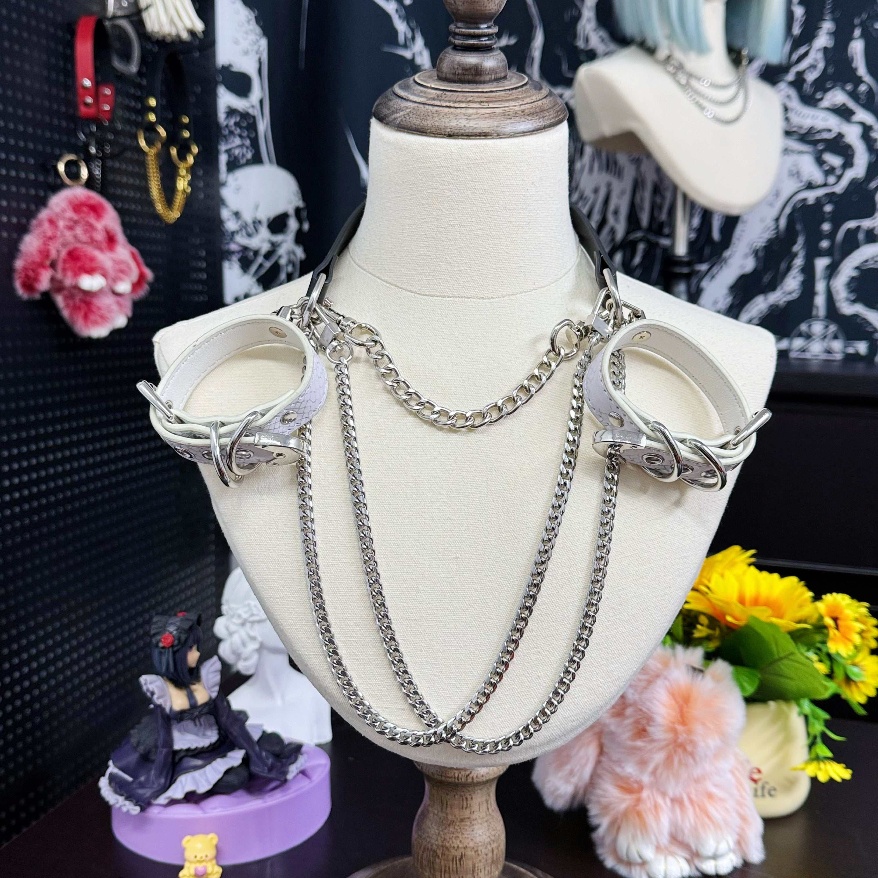 Luxe Chain (Premium Double Layered Chains Leather Choker) (Black Leather Silver Chain- White Cuff Set Combination)