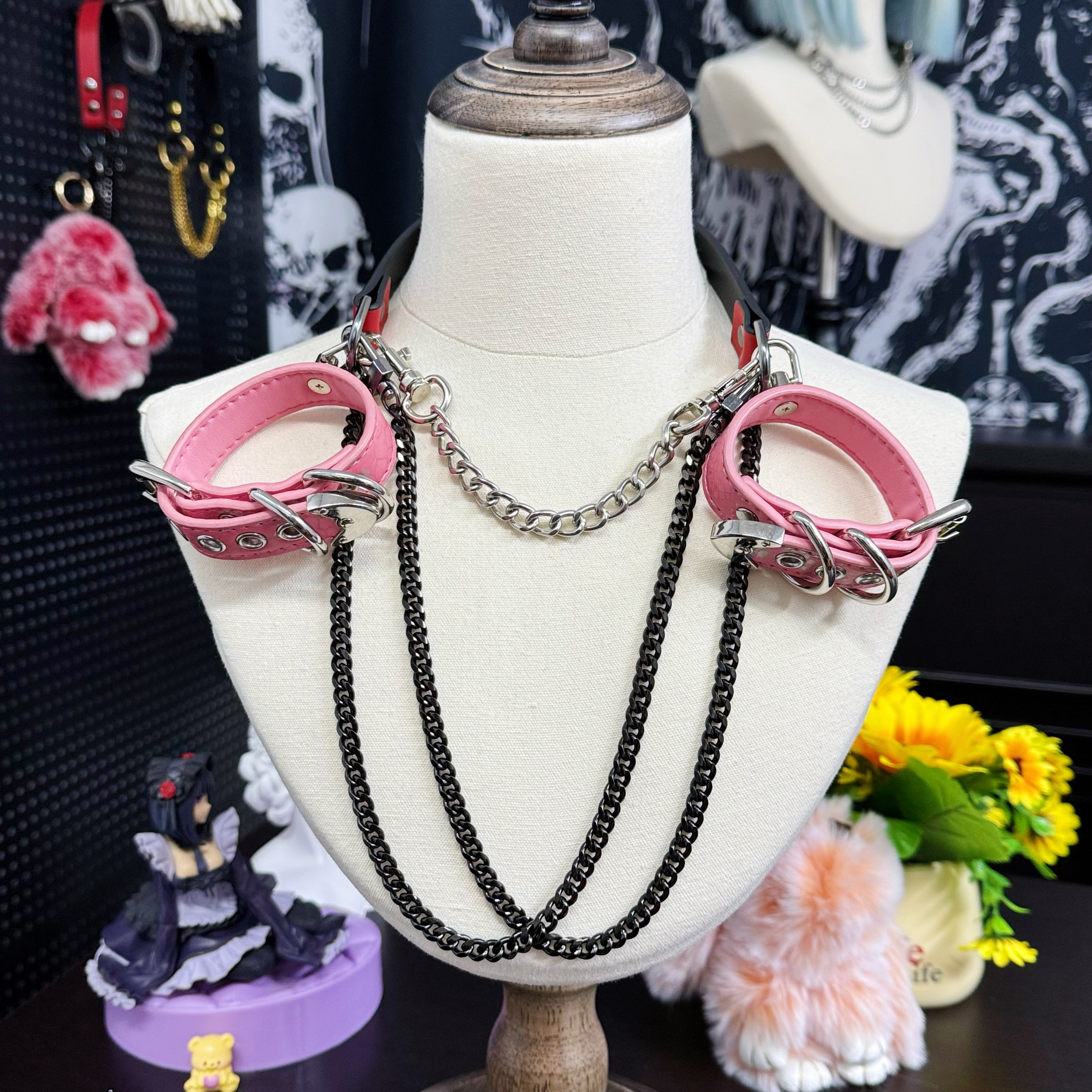 Luxe Chain (Premium Double Layered Chains Leather Choker) (Red Leather & Pink Cuff Set Combination)
