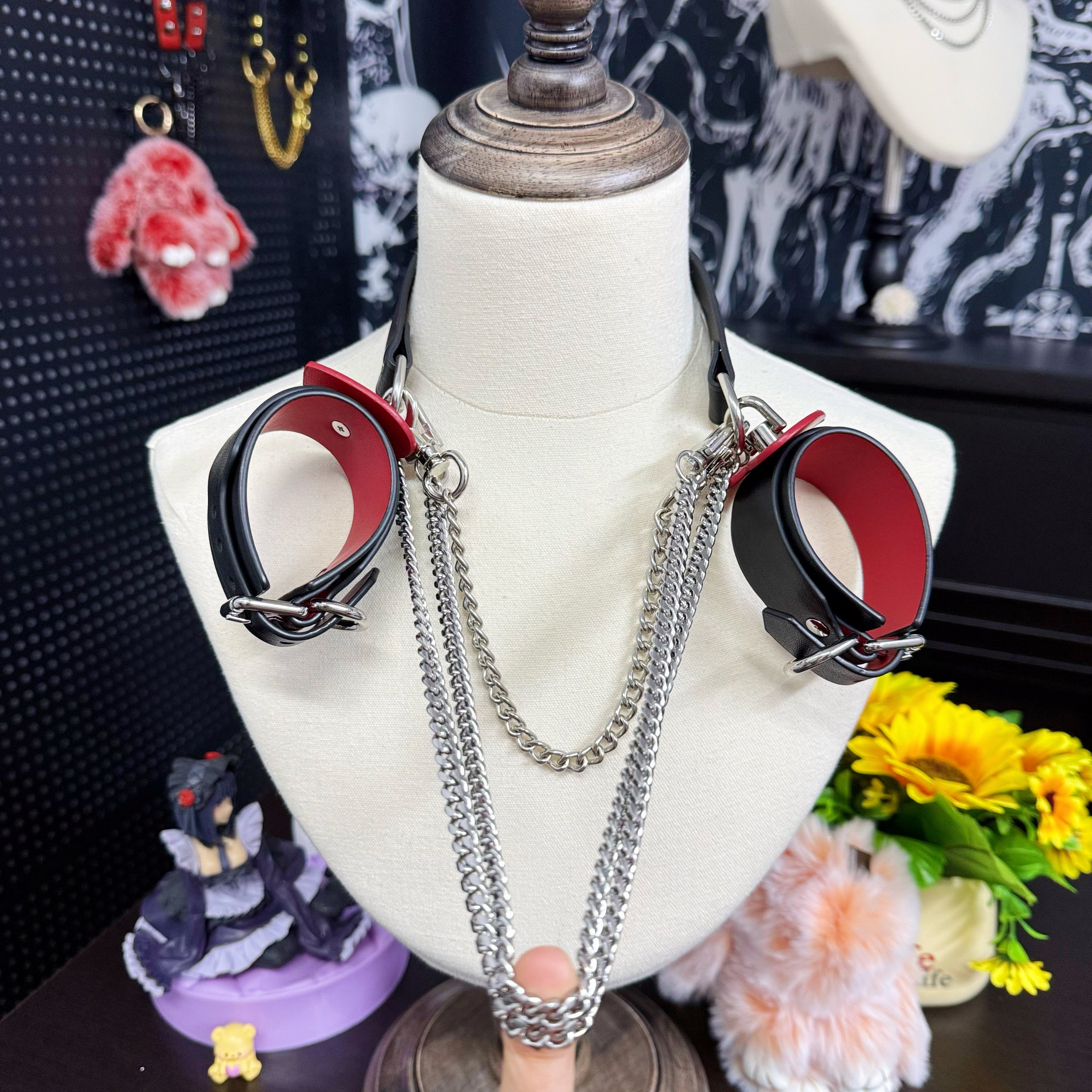 Luxe Chain (Premium Double Layered Chains Leather Choker with Adjustable Red Heart Leather Cuff Combination)