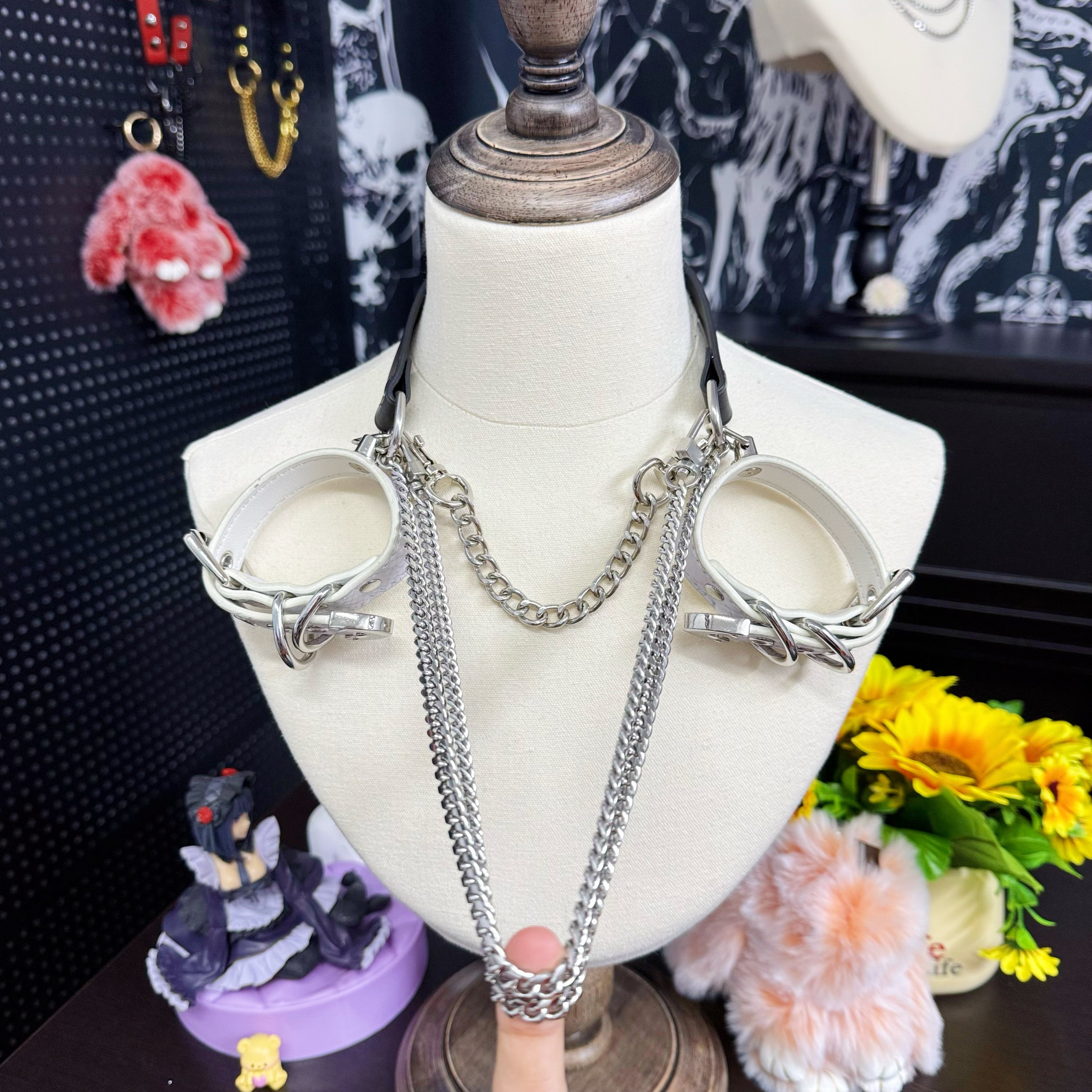 Luxe Chain (Premium Double Layered Chains Leather Choker) (Black Leather Silver Chain- White Cuff Set Combination)