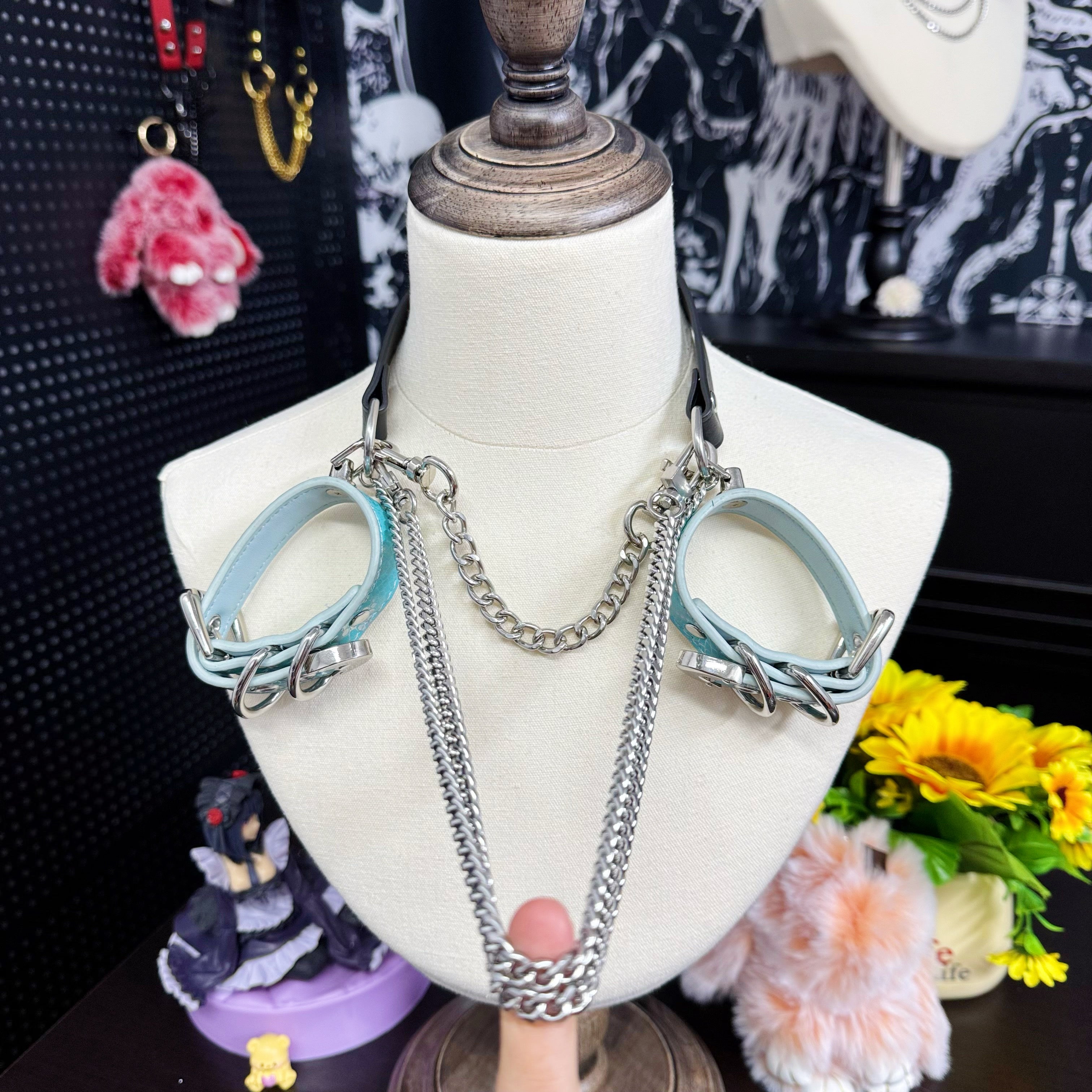 Luxe Chain (Premium Double Layered Chains Leather Choker) (Black Leather Silver Chain-Blue Cuff Set Combination)