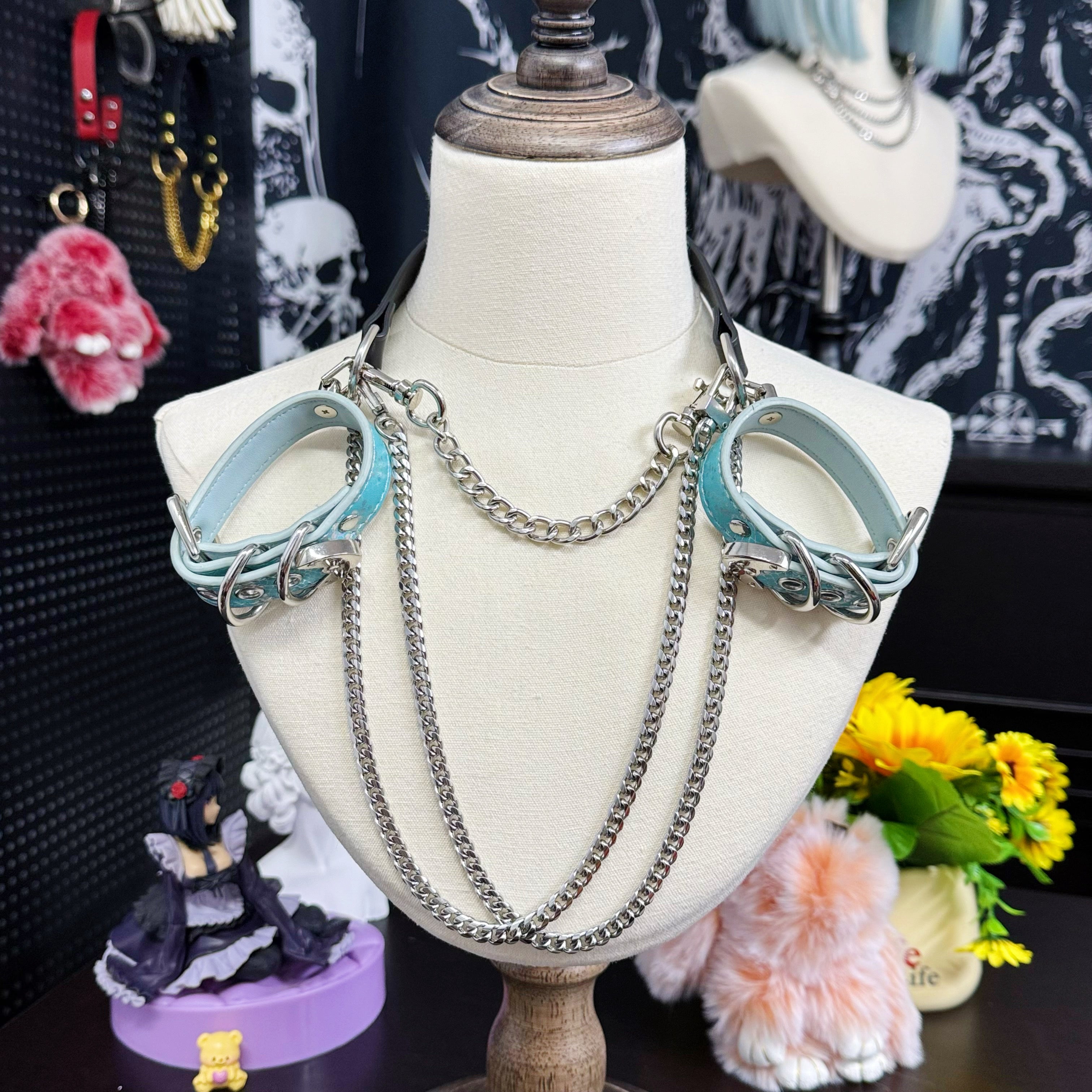 Luxe Chain (Premium Double Layered Chains Leather Choker) (Black Leather Silver Chain-Blue Cuff Set Combination)