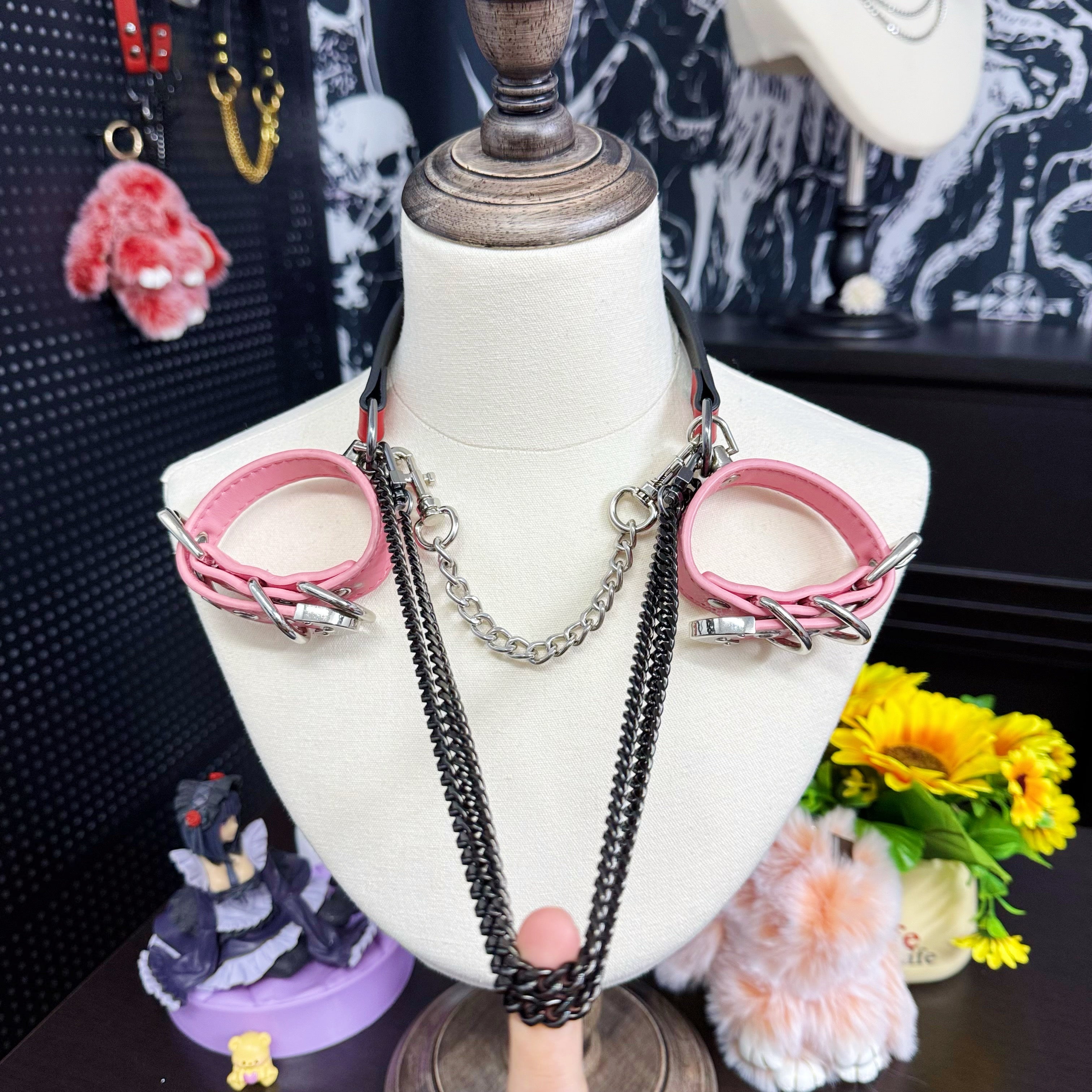 Luxe Chain (Premium Double Layered Chains Leather Choker) (Red Leather & Pink Cuff Set Combination)