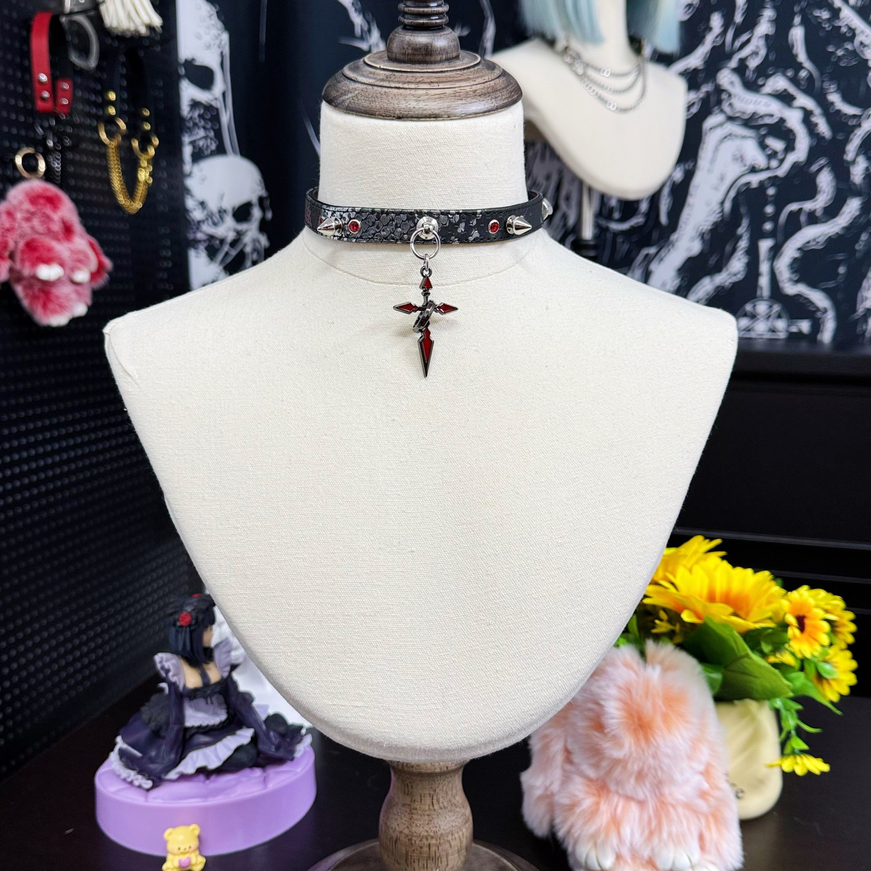Spiked Black Leather Choker with Red-Black Cross Pendant