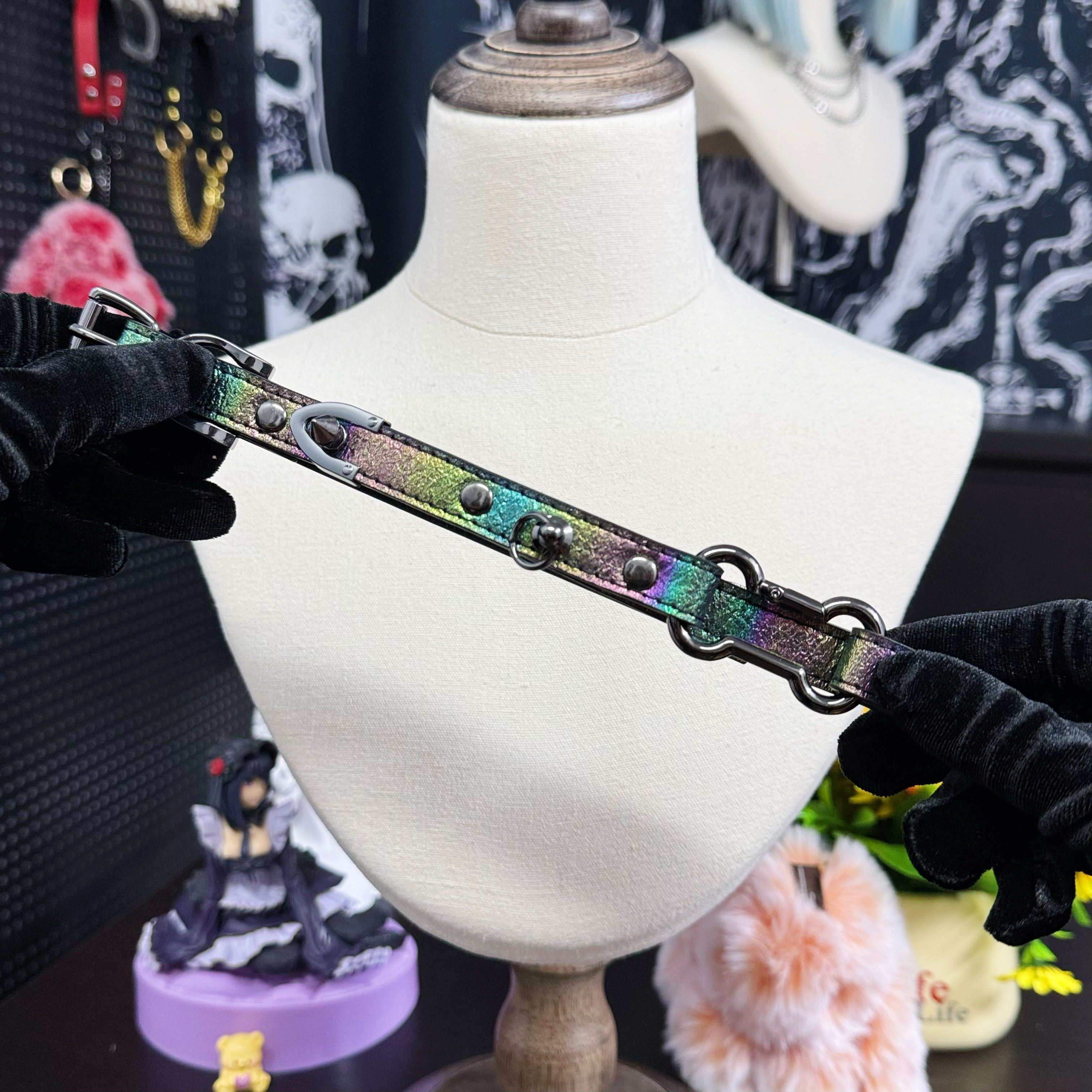 Iridescent Leather Choker with Dog Bone Ring