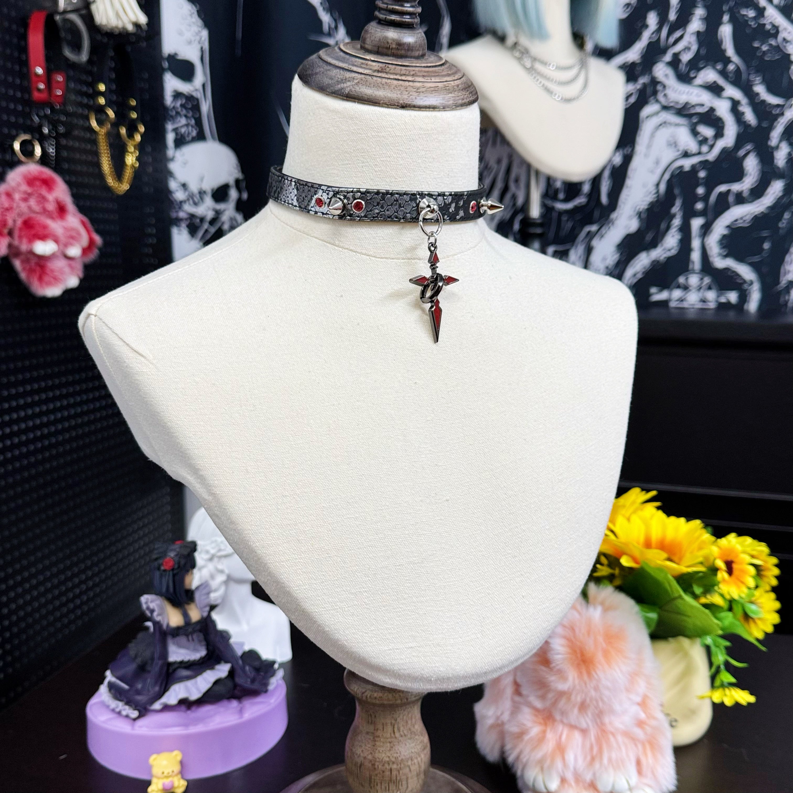 Spiked Black Leather Choker with Red-Black Cross Pendant