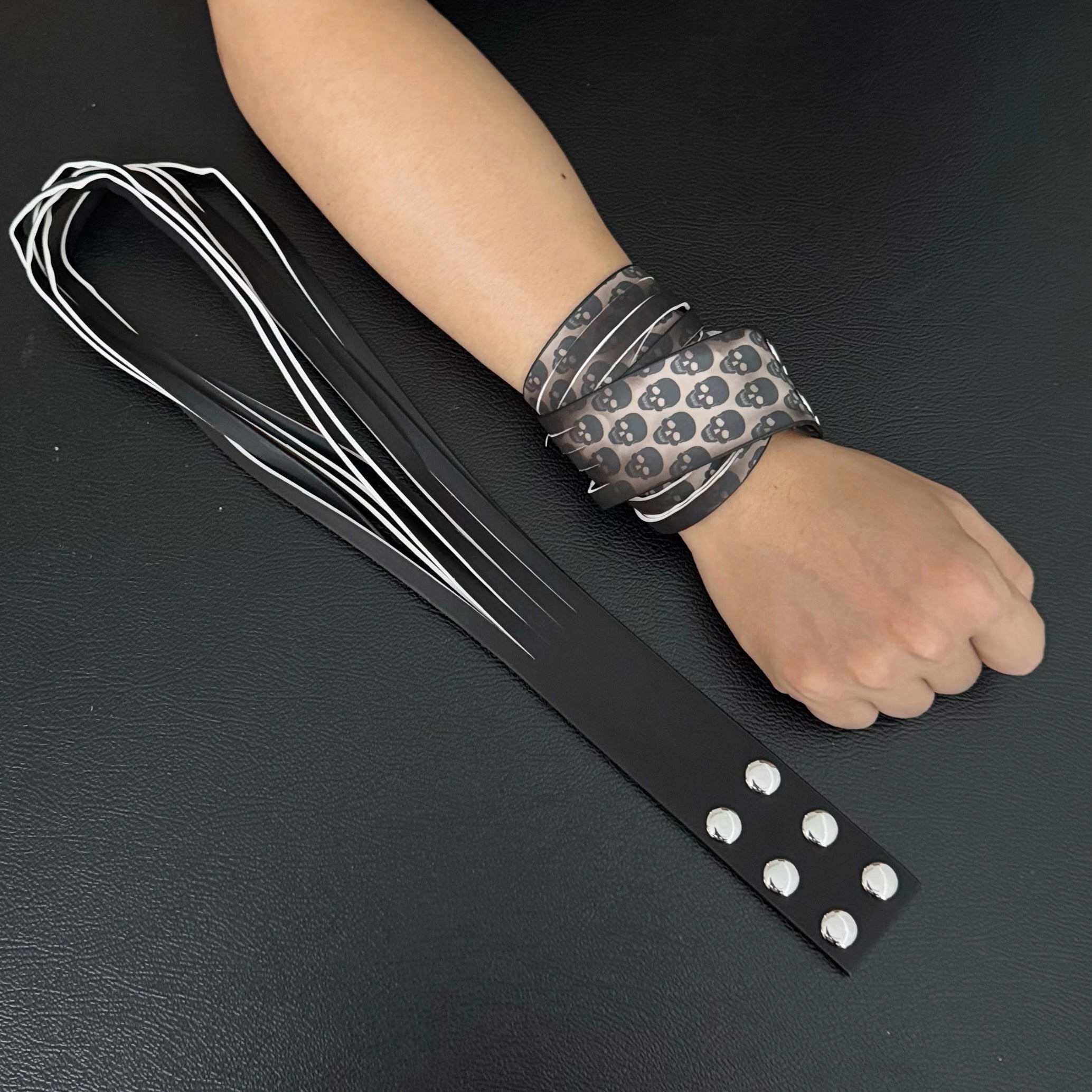 Unisex Dual-Wear Leather Fringe Wrap Bracelet-Noir Black to Skull (Heat Reactive)-Flogger
