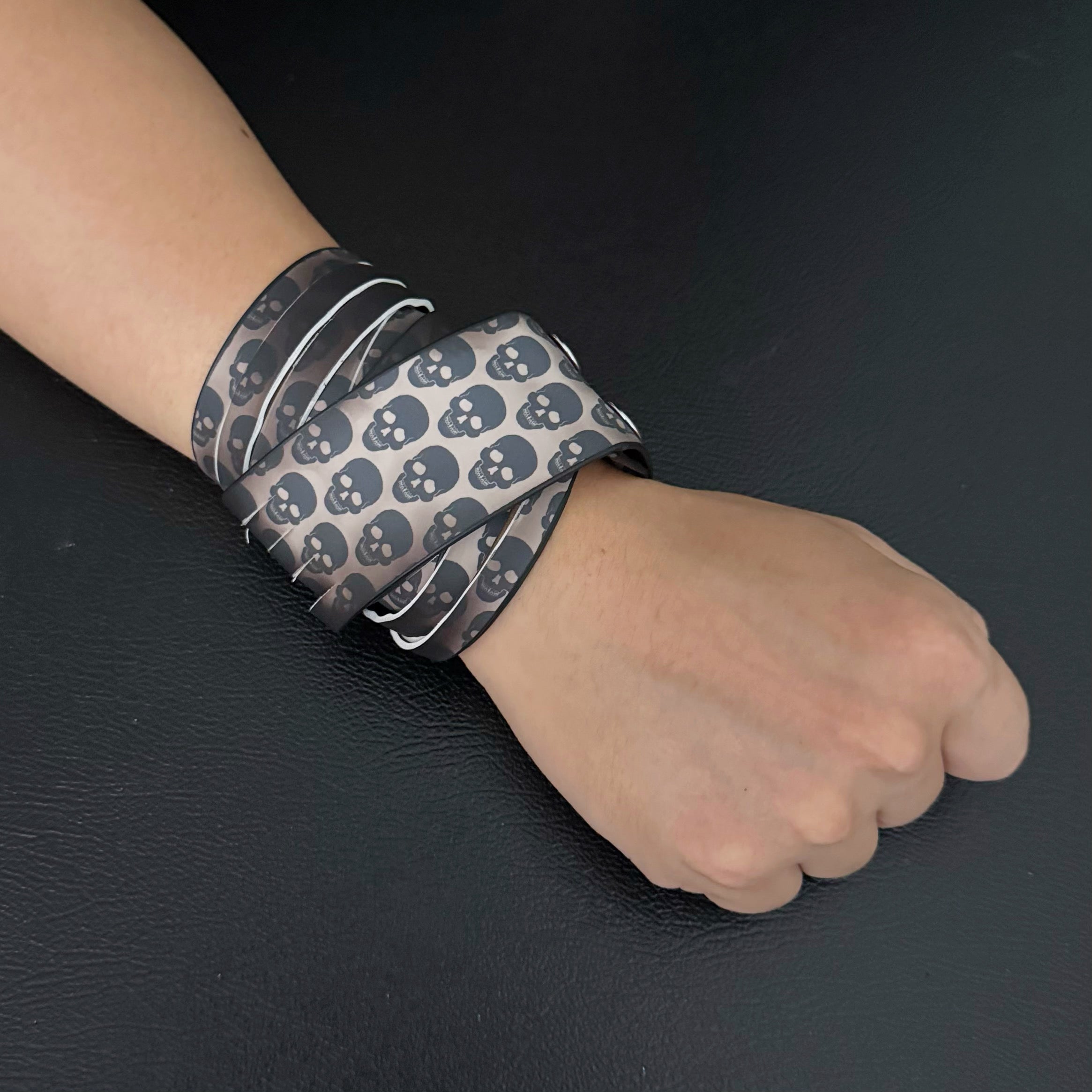 Unisex Dual-Wear Leather Fringe Wrap Bracelet-Noir Black to Skull (Heat Reactive)-Flogger