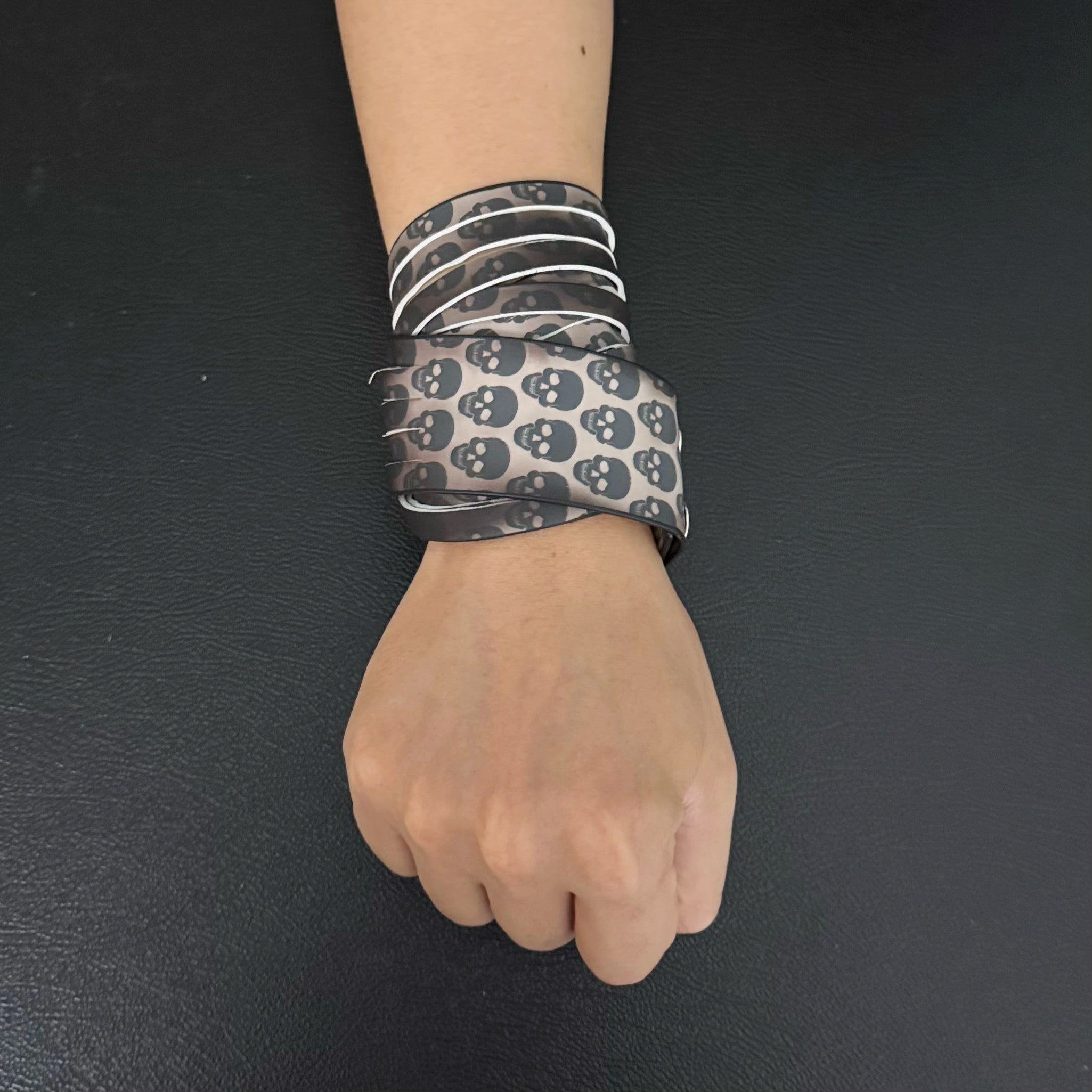 Unisex Dual-Wear Leather Fringe Wrap Bracelet-Noir Black to Skull (Heat Reactive)-Flogger